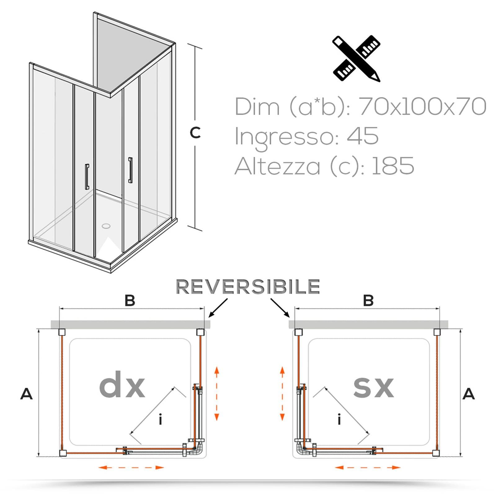 Box 3 lati 70x100x70 cm doppio scorrevole vetro temperato 6mm stampato 185h - Young