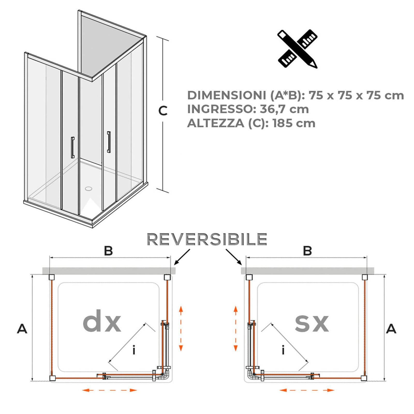 Box 3 lati 75x75x75 cm doppio scorrevole vetro temperato 6mm trasparente 185h - Young