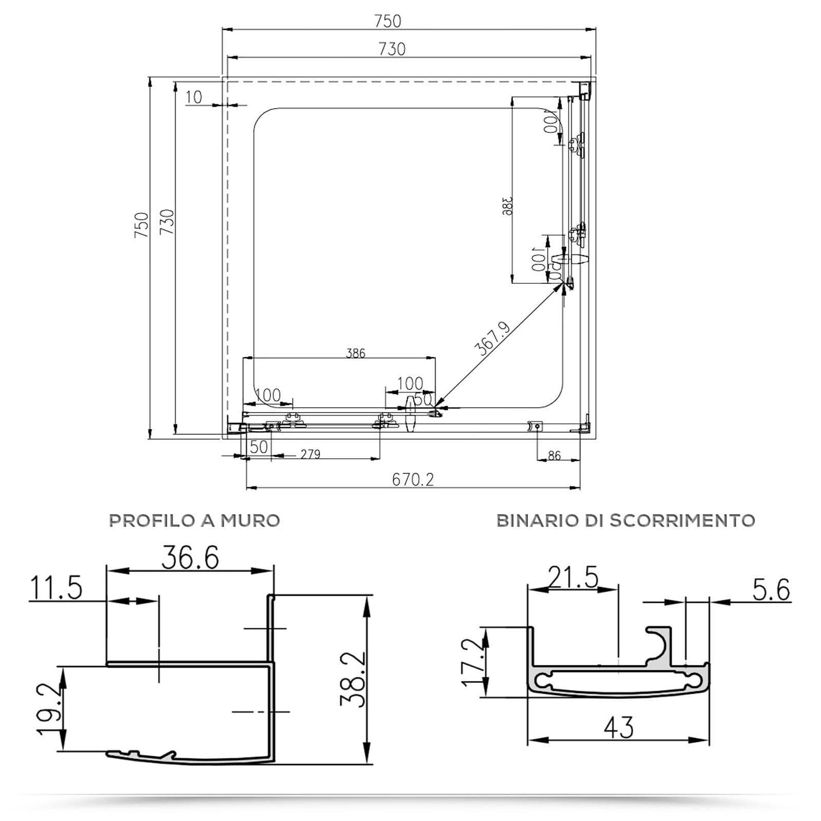 Box 3 lati 75x75x75 cm doppio scorrevole vetro temperato 6mm trasparente 185h - Young