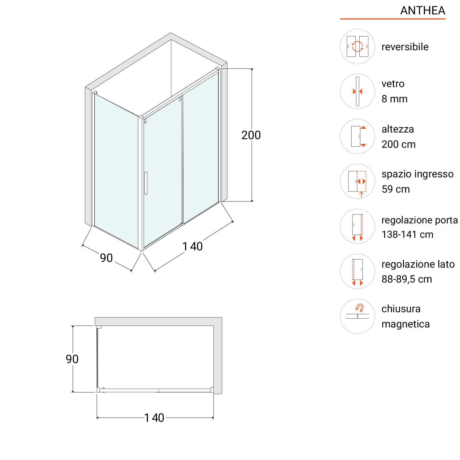 Box doccia 90x140 cm scorrevole SoftClose 8mm anticalcare 200h - Anthea