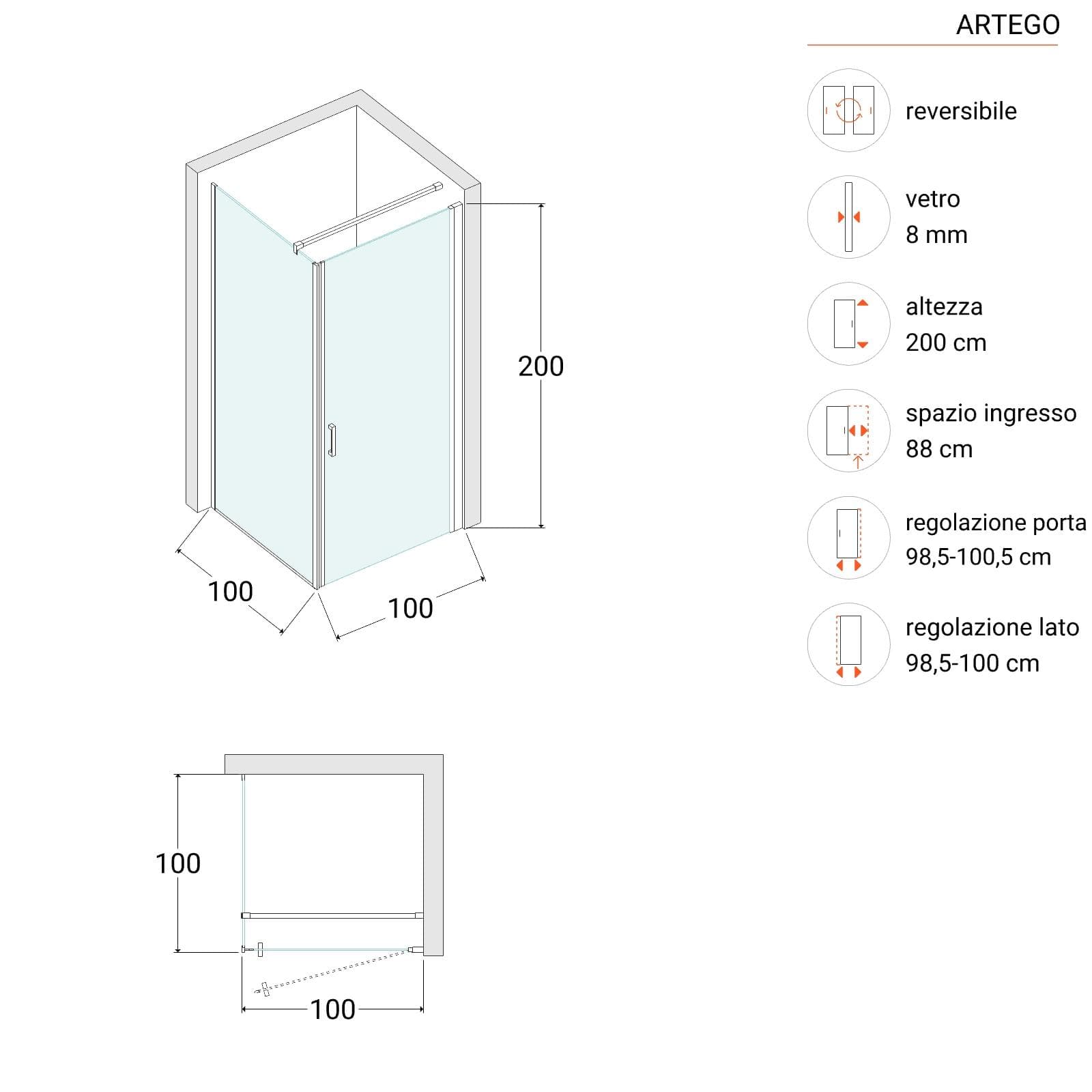 Box doccia 100X100 cm battente con vetro anticalcare trasparente e profilo cromo 200h - Artego
