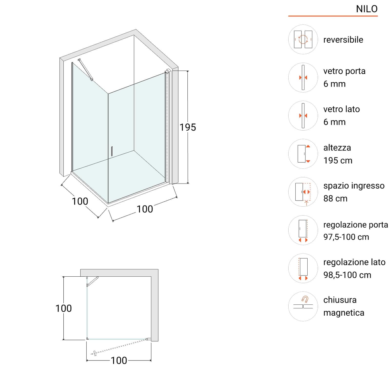 Box doccia 100x100 cm battente 100 cm con vetro temperato bronzato e profilo cromo 195h - Nilo