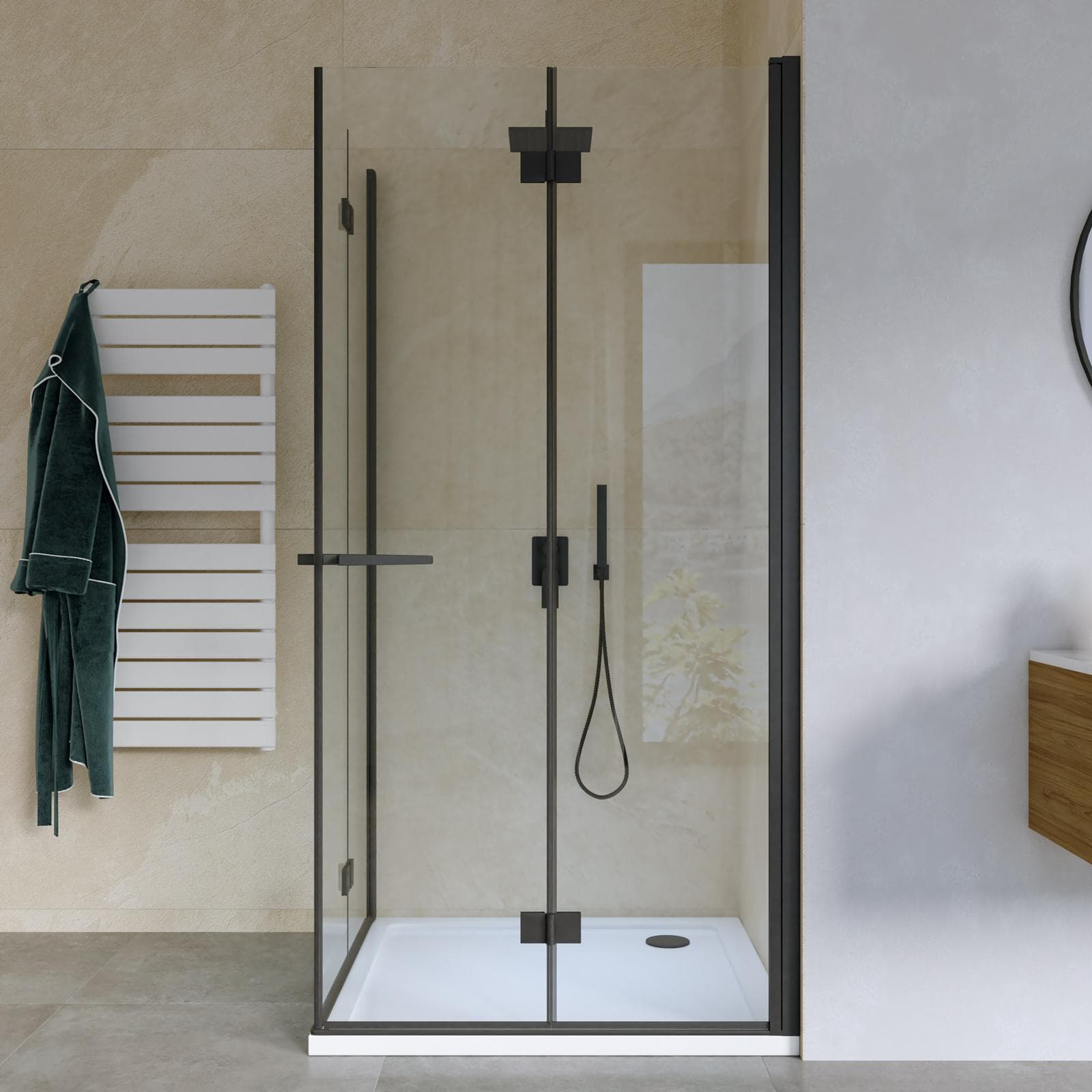 Box doccia 100x100 cm doppio soffietto vetro anticalcare trasparente e profilo nero opaco 195h - Flexy