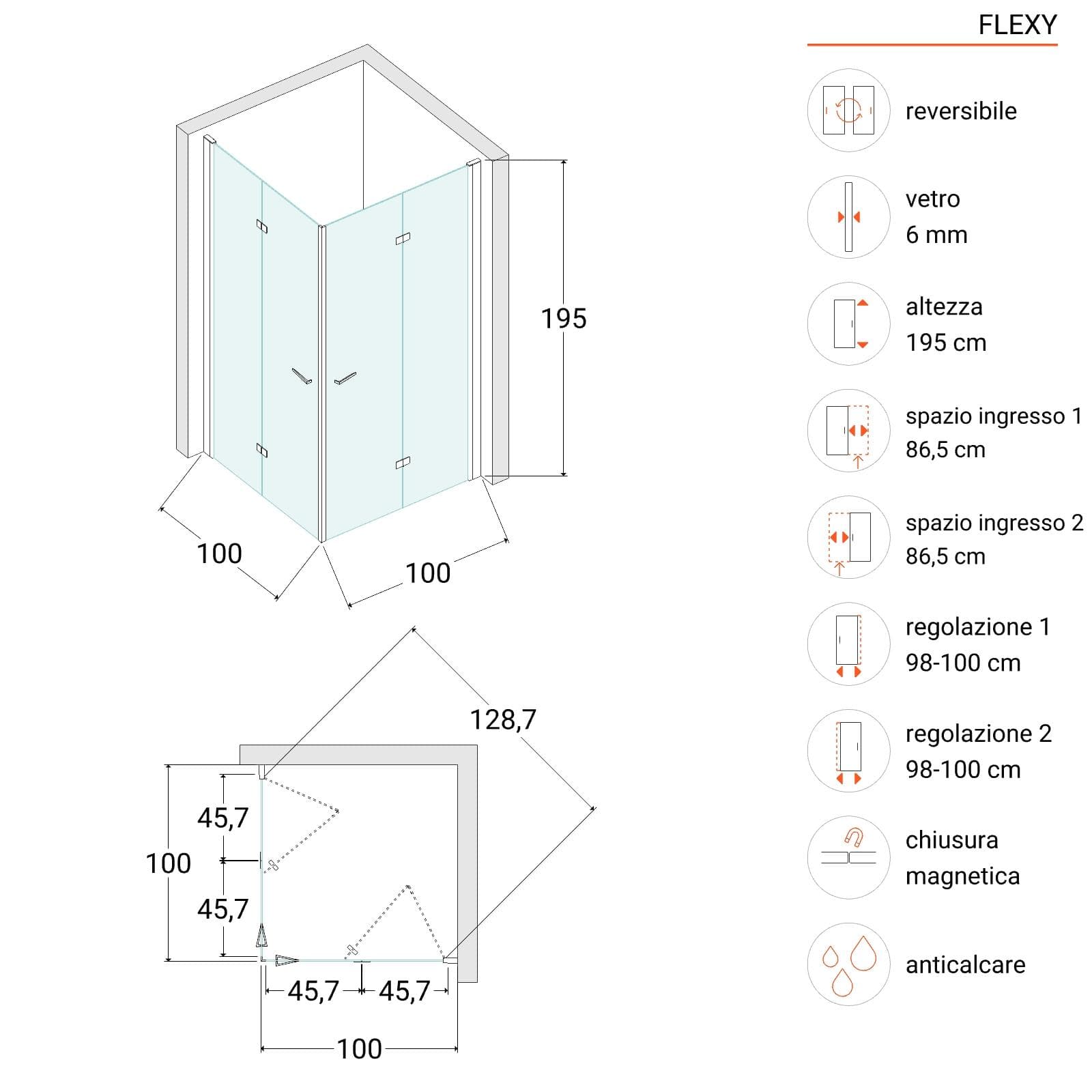 Box doccia 100x100 cm doppio soffietto vetro anticalcare trasparente e profilo nero opaco 195h - Flexy