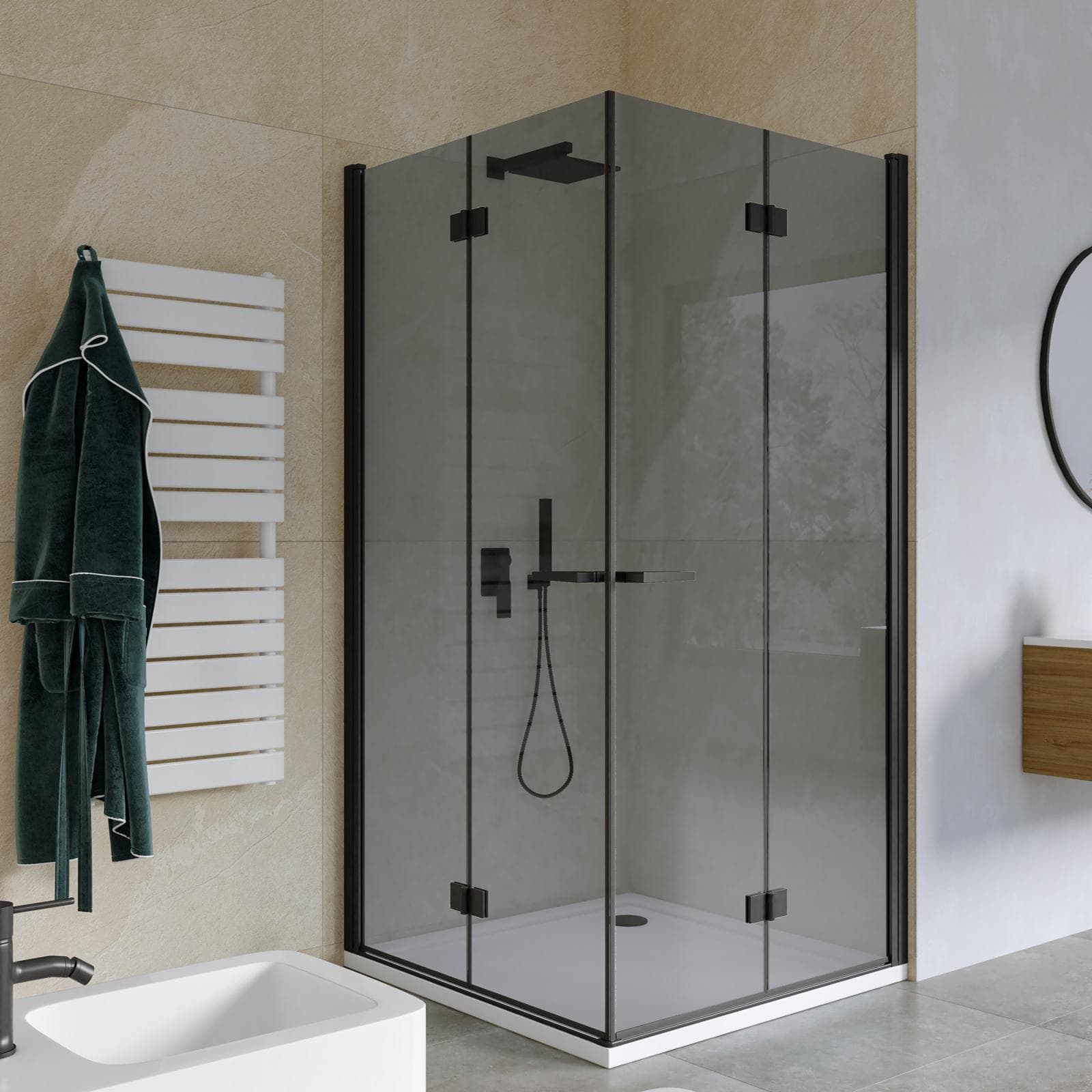 Box doccia 100x105 cm doppio soffietto vetro anticalcare fumè e profilo nero opaco 195h - Flexy