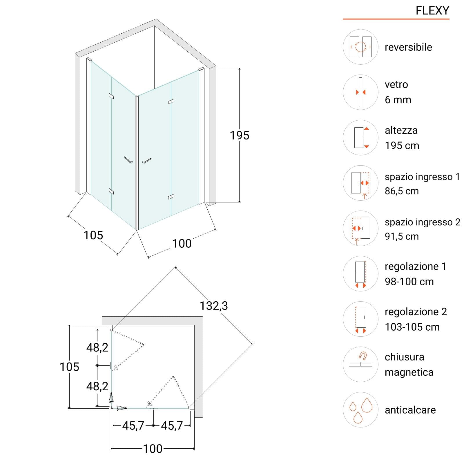 Box doccia 100x105 cm doppio soffietto vetro anticalcare fumè e profilo nero opaco 195h - Flexy
