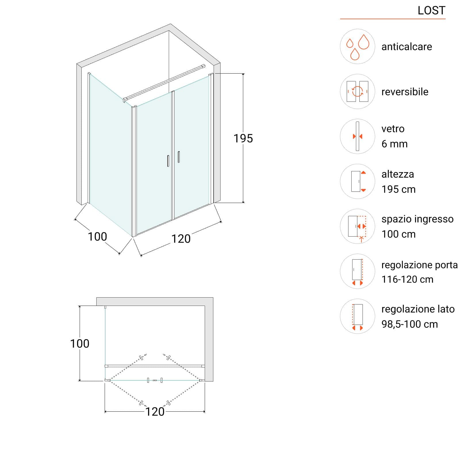 Box doccia 100x120 apertura saloon con vetro anticalcare opaco e profilo cromo 195h - Lost