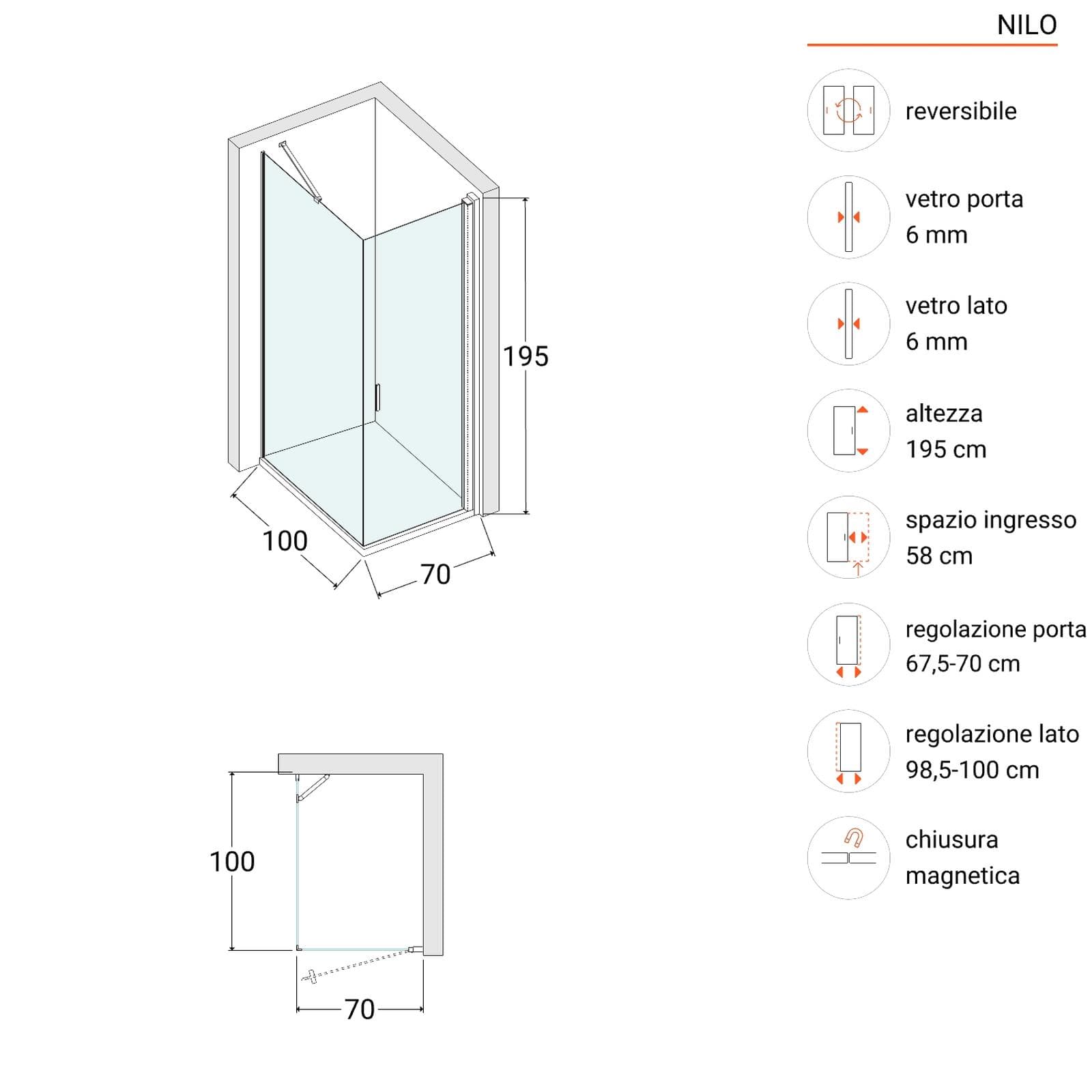 Box doccia 100X70 cm battente 70 cm con vetro temperato bronzato e profilo nero 195h - Nilo