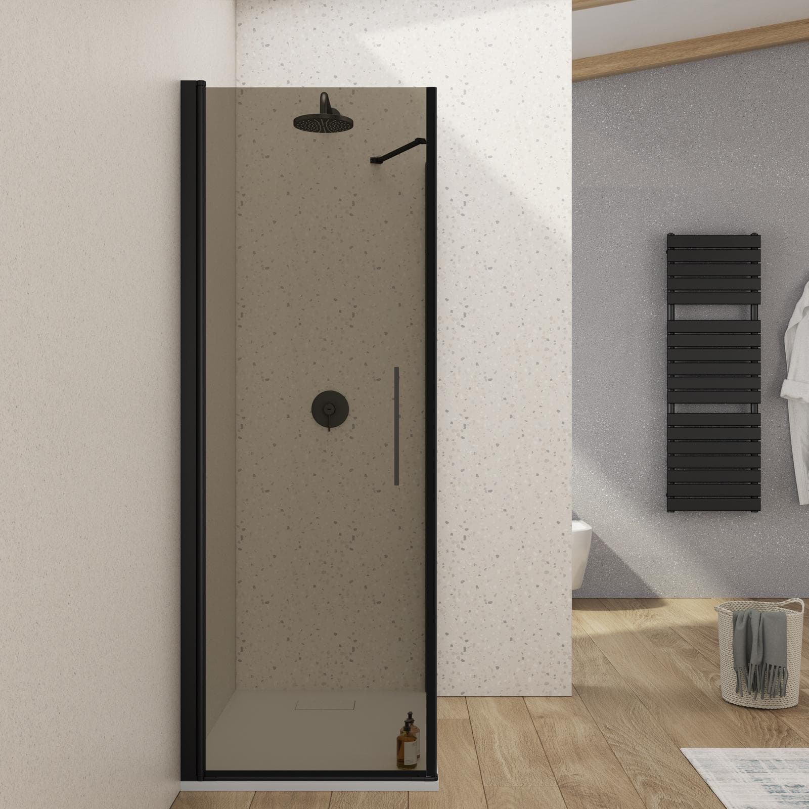 Box doccia 100X75 cm battente con vetro temperato bronzato e profilo nero opaco 195h - Nilo