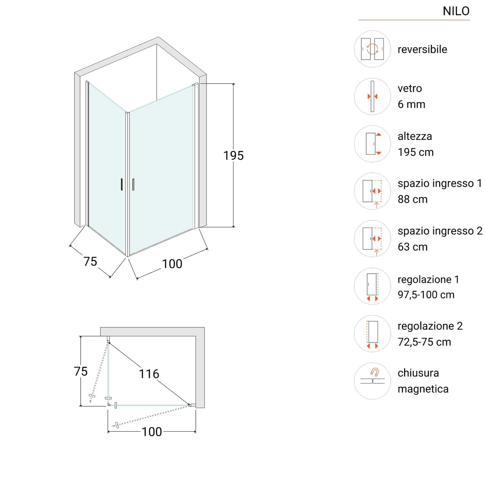 Box doccia 100X75 cm doppio battente con vetro temperato fumé e profilo cromo 195h - Nilo