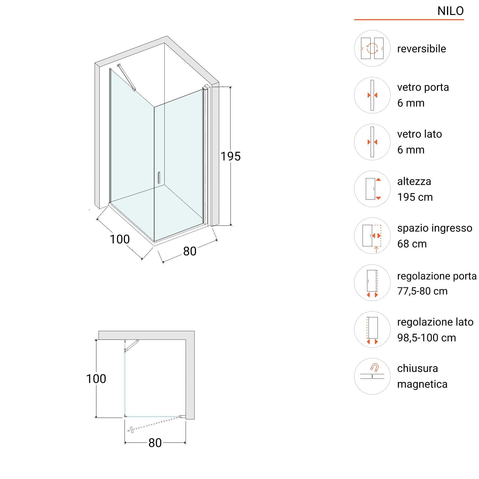 Box doccia 100x80 cm battente in vetro temperato 6mm opaco 195h - Nilo