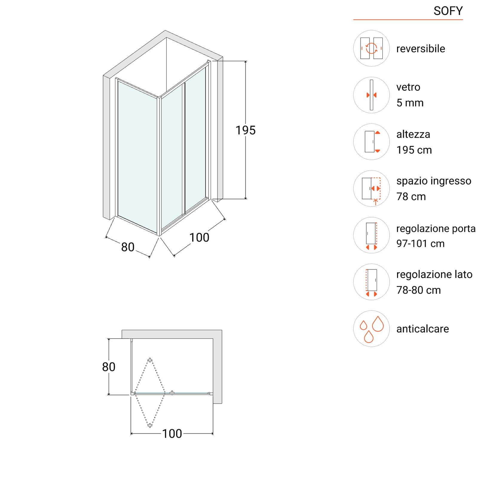 Box doccia 100x80 cm porta a soffietto opaco 195h - Sofy