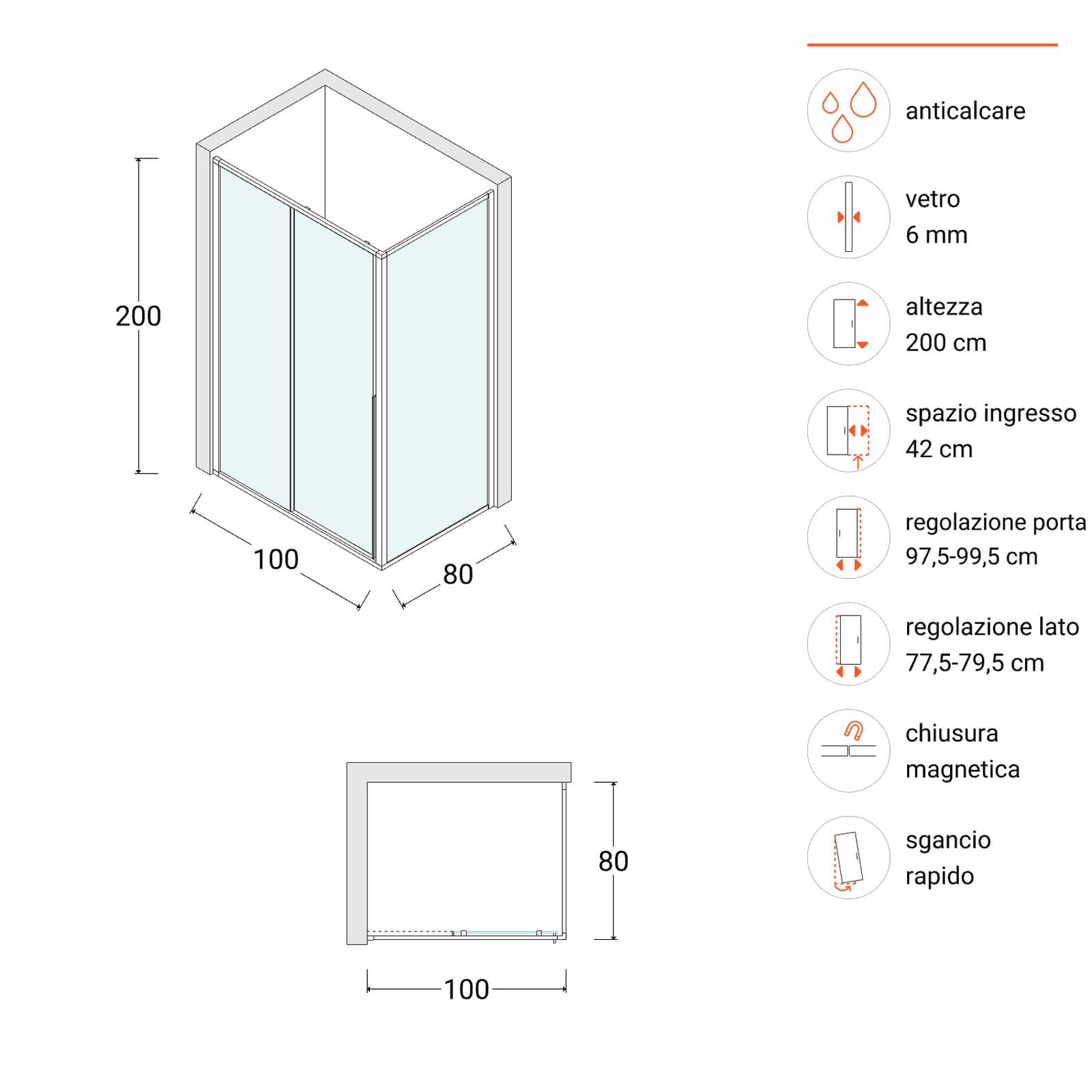 Box doccia 100x80 cm scorrevole sx vetro anticalcare trasparente e profilo fango 200h - Helena