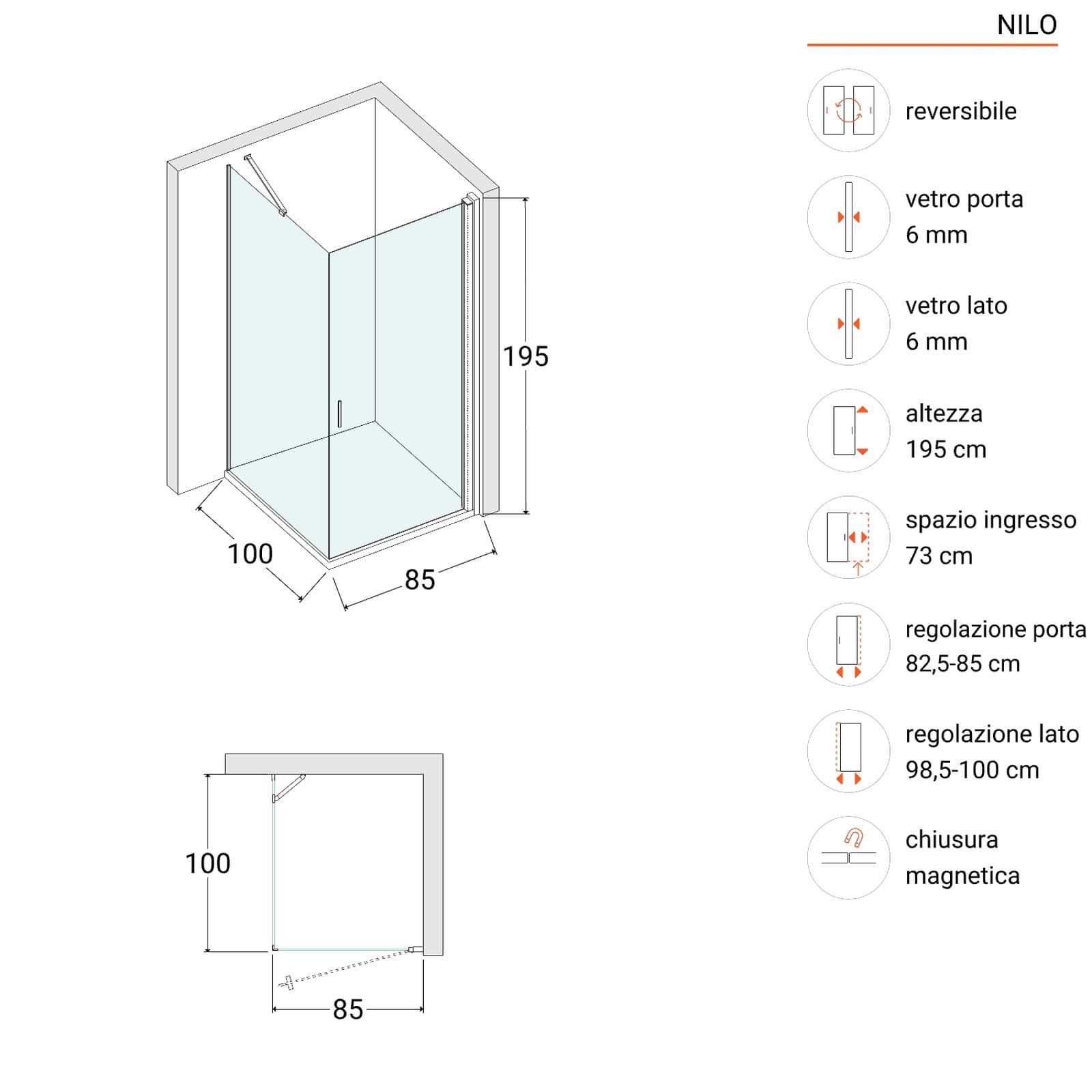 Box doccia 100X85 cm battente con vetro temperato fumé e profilo nero opaco 195h - Nilo