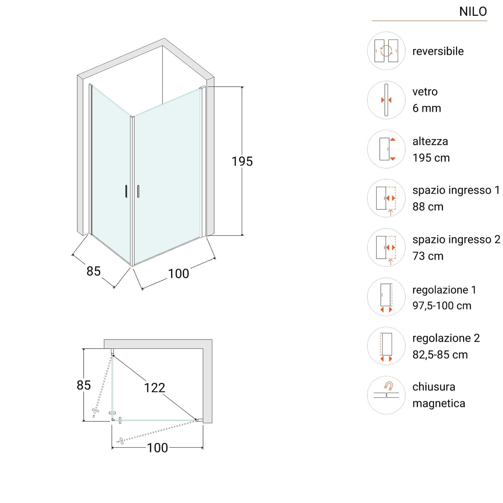 Box doccia 100X85 cm doppio battente con vetro temperato bronzato e profilo cromo 195h - Nilo