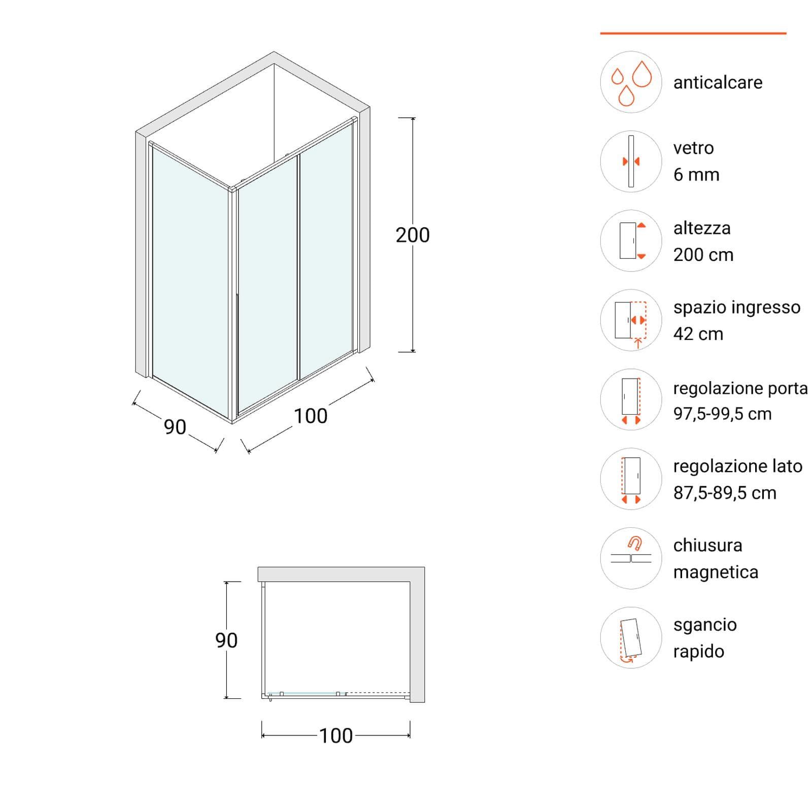 Box doccia 100x90 cm scorrevole dx vetro anticalcare trasparente e profilo fango 200h - Helena