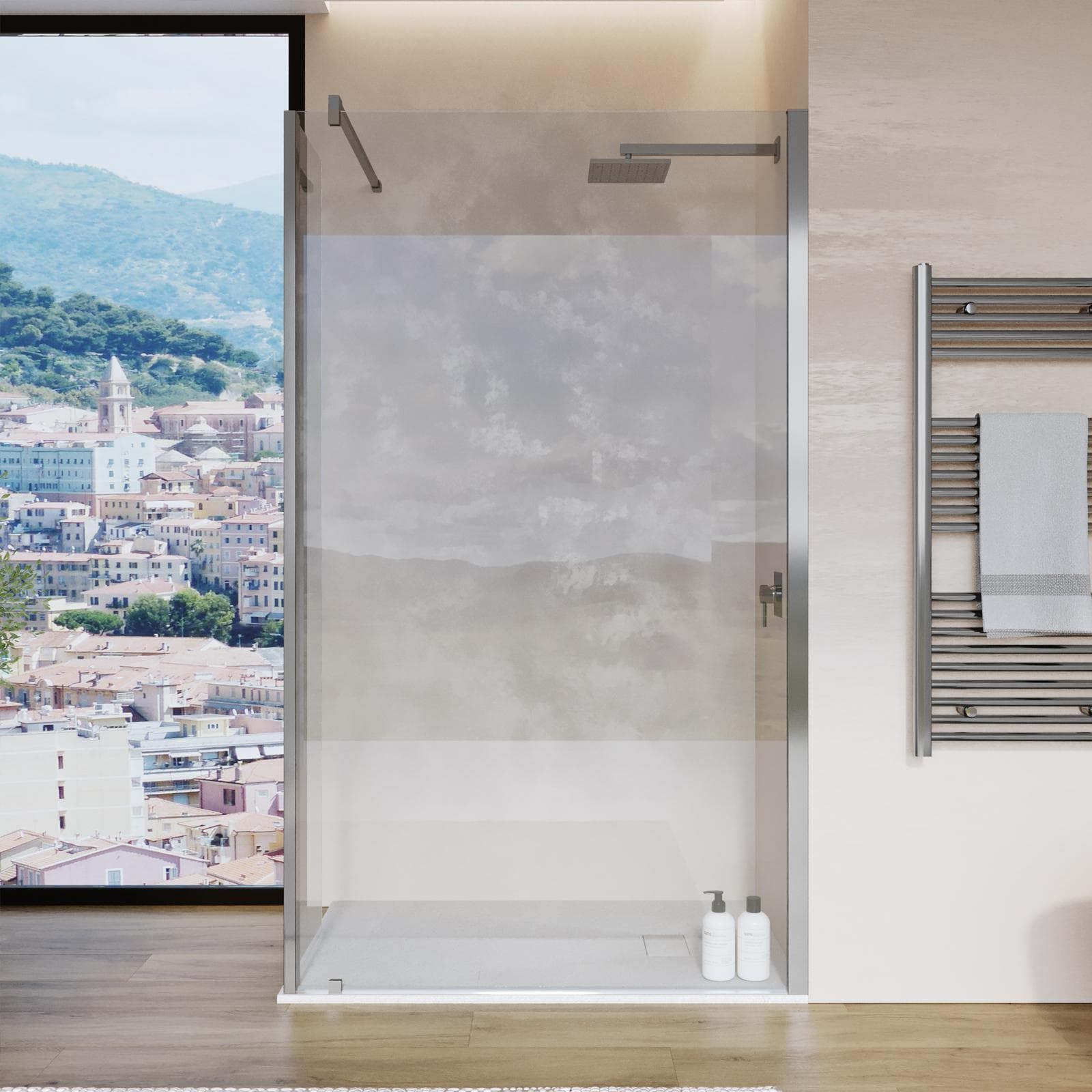 Box doccia walk-in 110 cm con anta girevole 45 cm vetro anticalcare trasparente e profilo cromo 200h - Keep