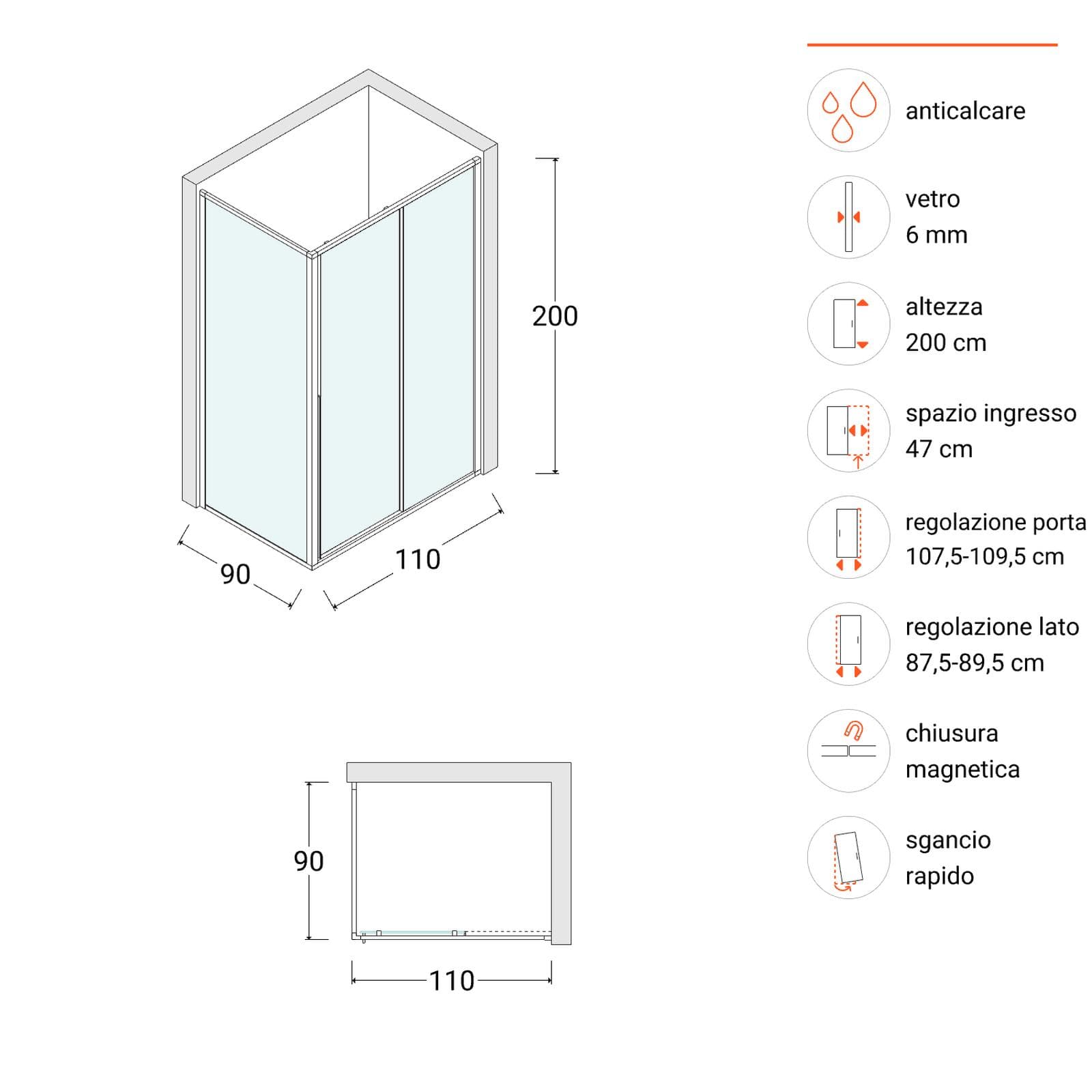 Box doccia 110x90 cm scorrevole dx vetro anticalcare trasparente profilo cromo 200h - Helena