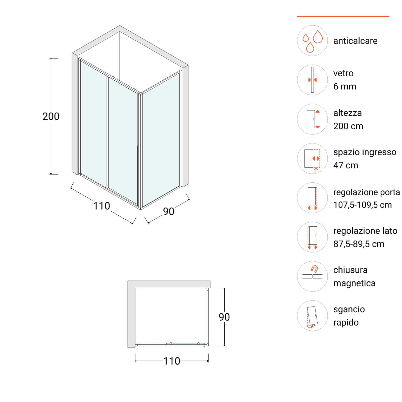 Box doccia 110x90 cm scorrevole sx vetro anticalcare trasparente e profilo fango 200h - Helena