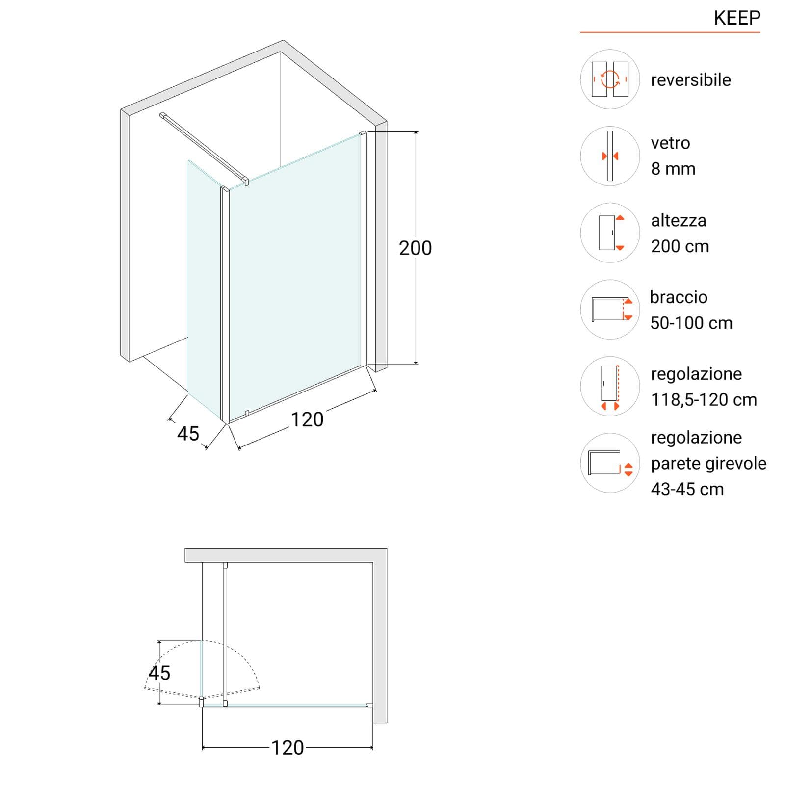 Box doccia 120 cm con anta girevole 45 cm vetro anticalcare trasparente e profilo cromo 200h - Keep