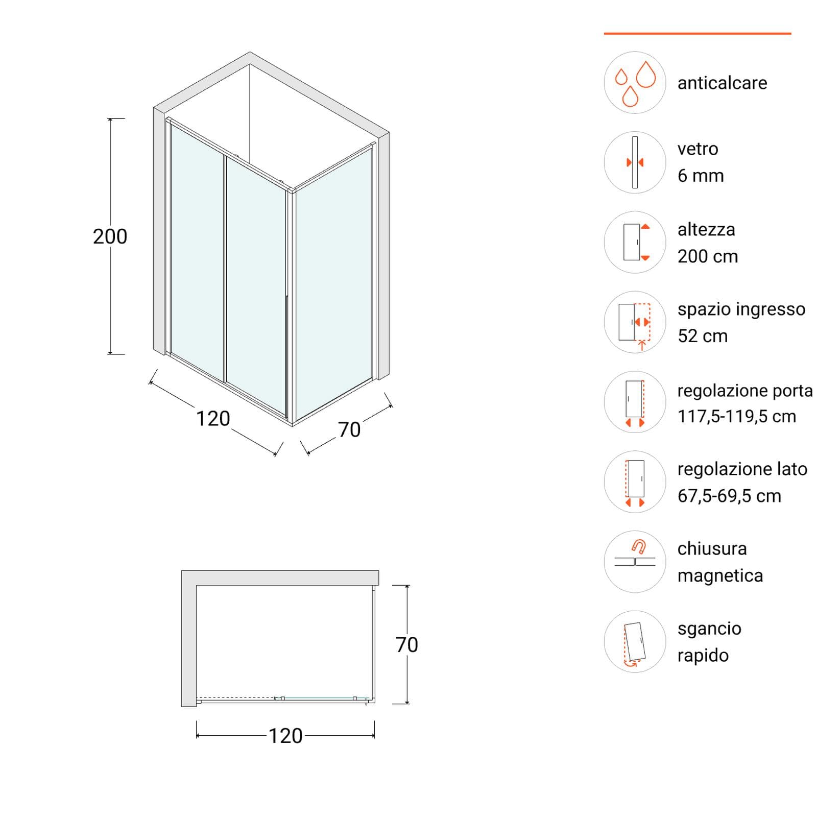 Box doccia 120x70 cm scorrevole sx vetro anticalcare trasparente profilo cromo 200h - Helena