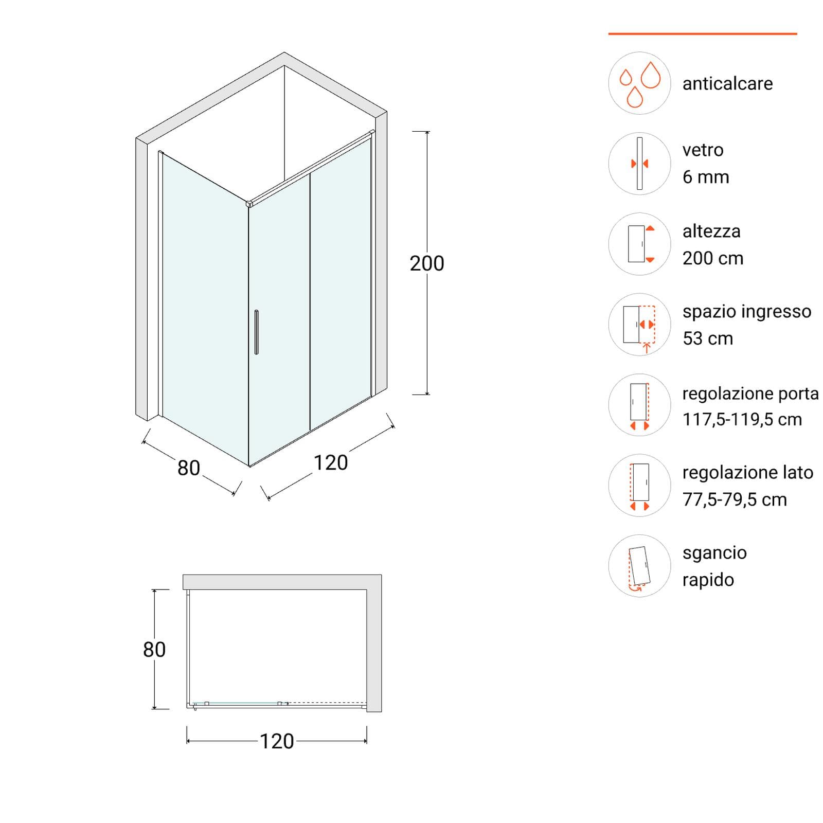 Box doccia 120X80 cm scorrevole dx con vetro anticalcare trasparente e profilo nero 200h - Kiri