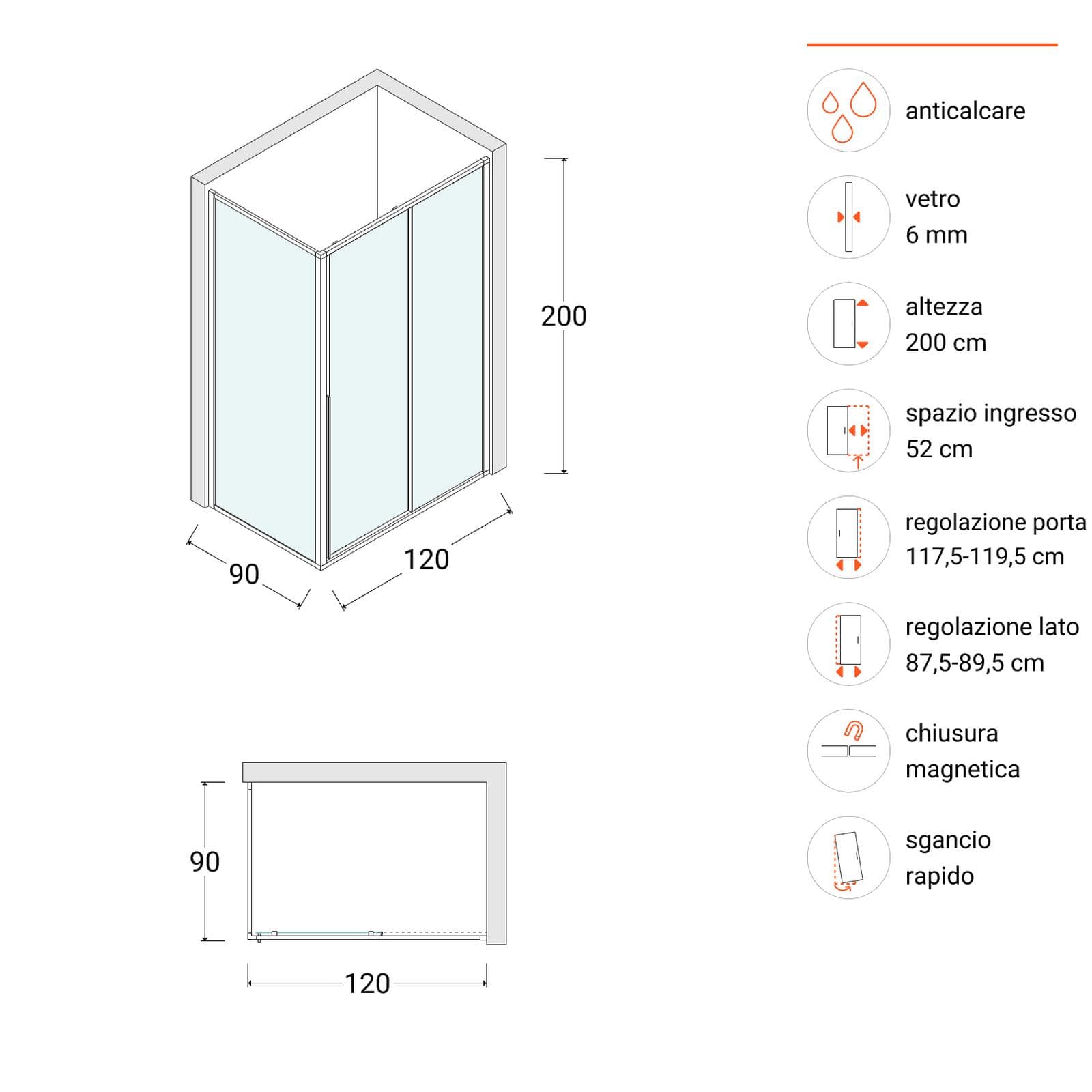 Box doccia 120x90 cm scorrevole dx vetro anticalcare trasparente profilo nero 200h - Helena