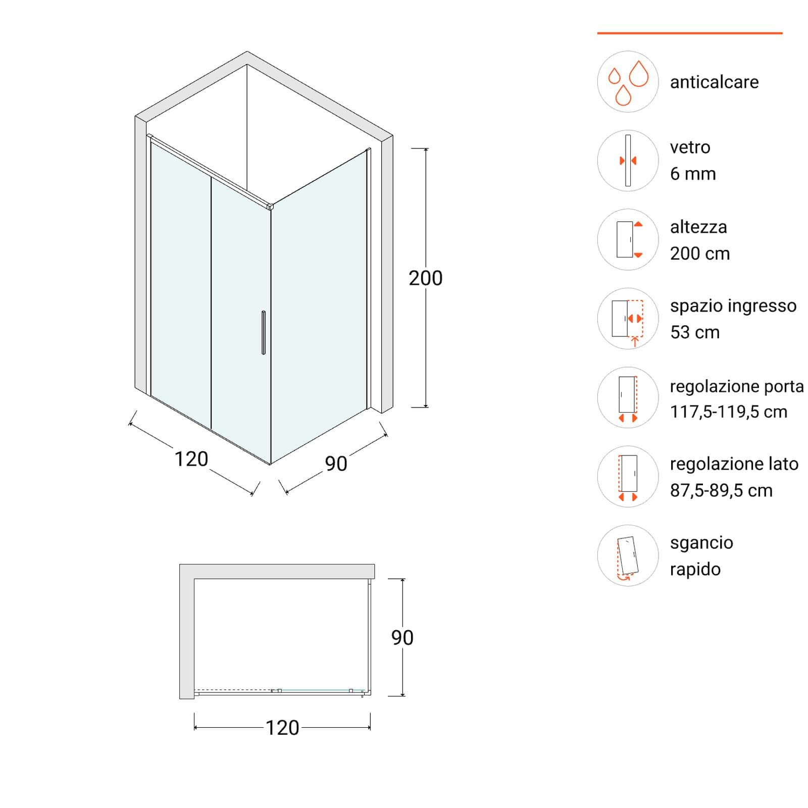 Box doccia 120X90 cm scorrevole sx con vetro anticalcare trasparente e profilo nero 200h - Kiri