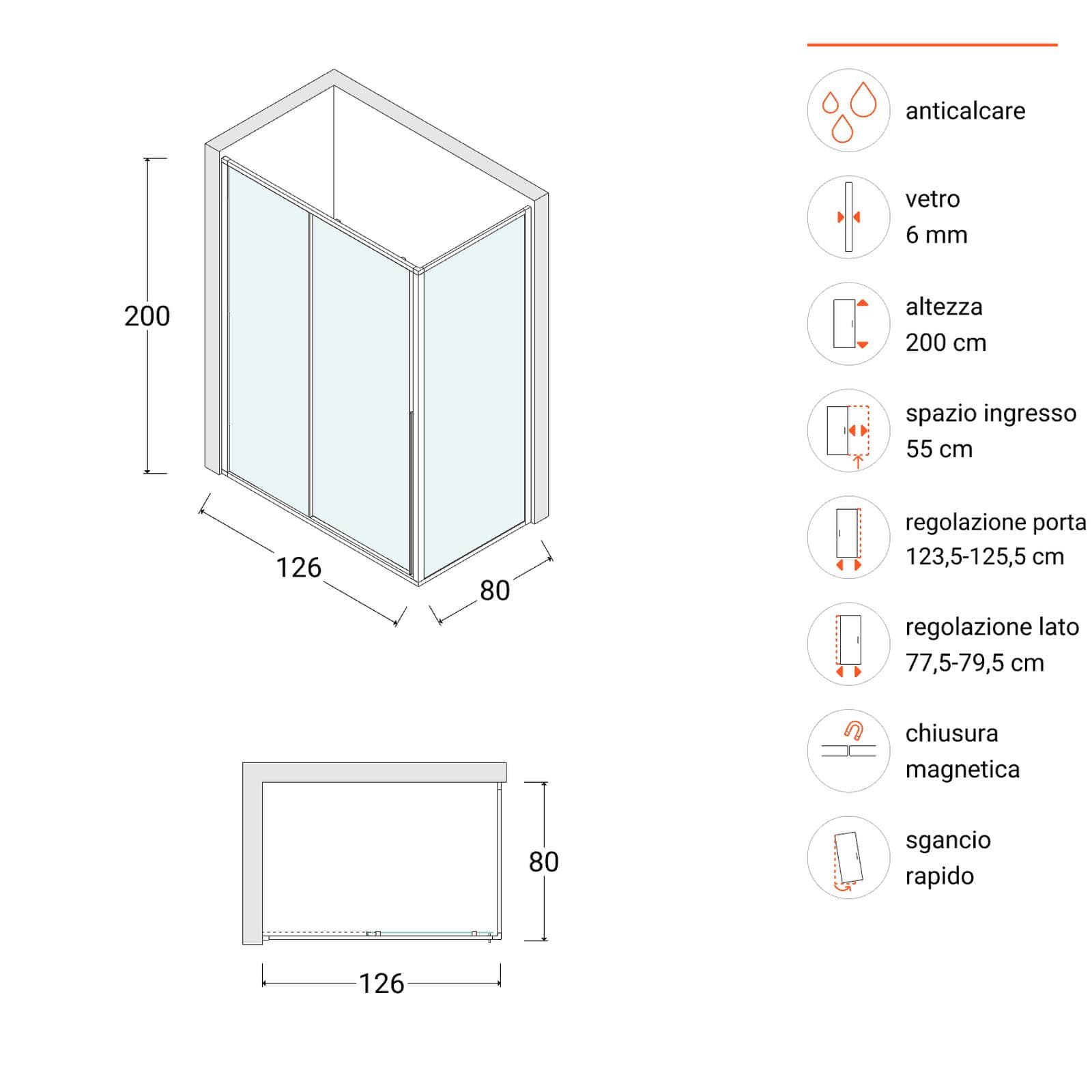 Box doccia 126x80 cm scorrevole sx vetro anticalcare trasparente e profilo fango 200h - Helena