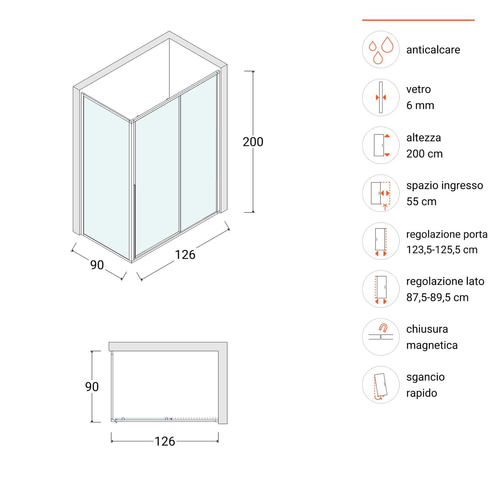 Box doccia 126x90 cm scorrevole dx vetro anticalcare trasparente e profilo fango 200h - Helena