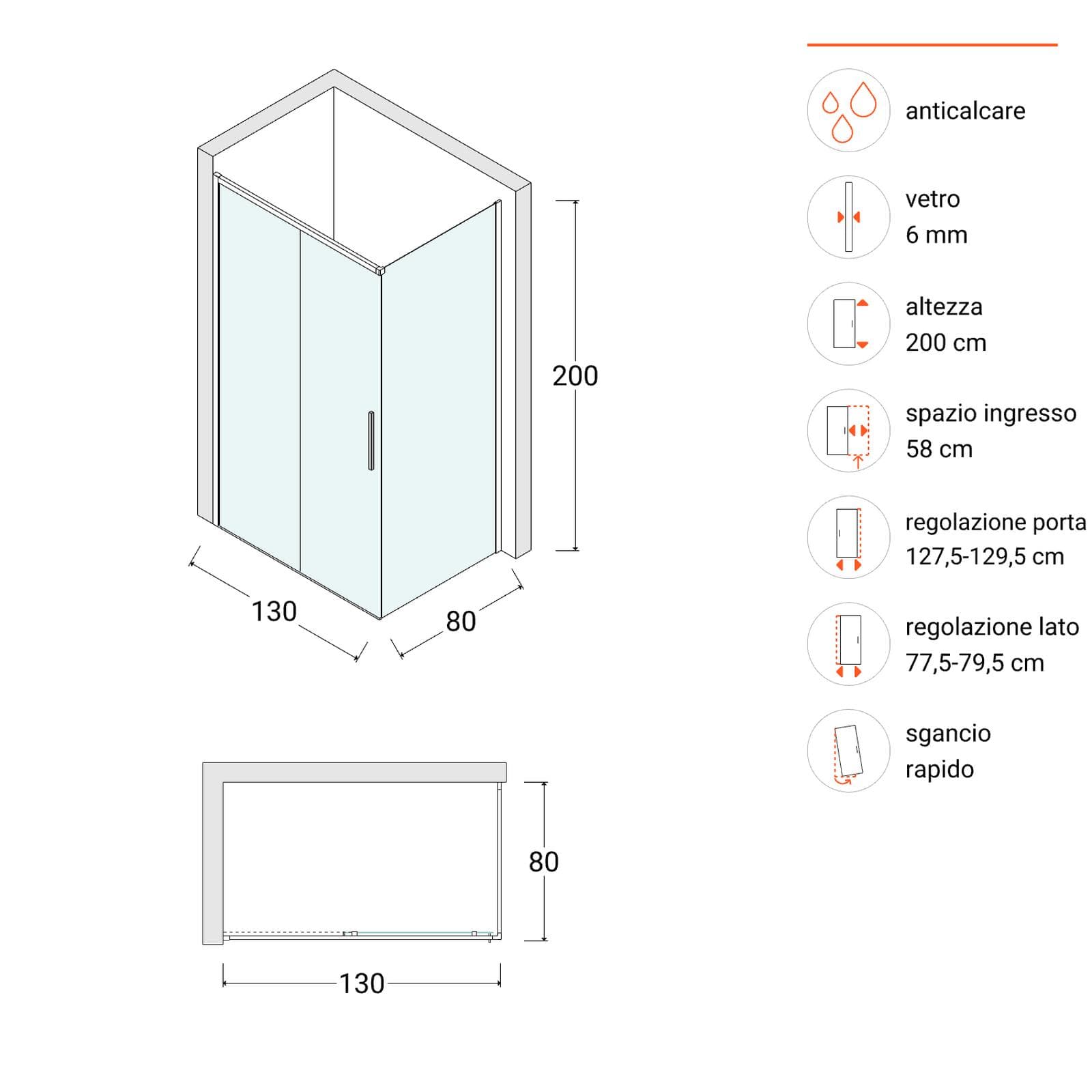 Box doccia 130X80 cm scorrevole sx con vetro anticalcare trasparente e profilo nero 200h - Kiri