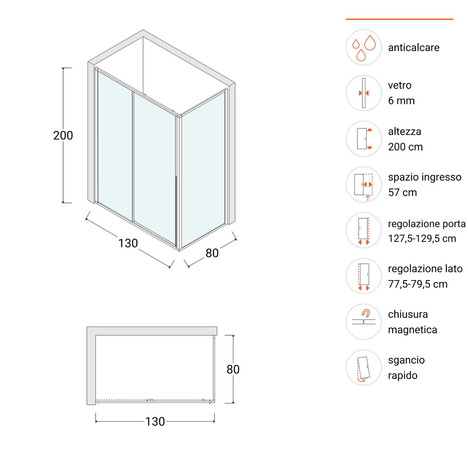 Box doccia 130x80 cm scorrevole sx vetro anticalcare trasparente e profilo fango 200h - Helena