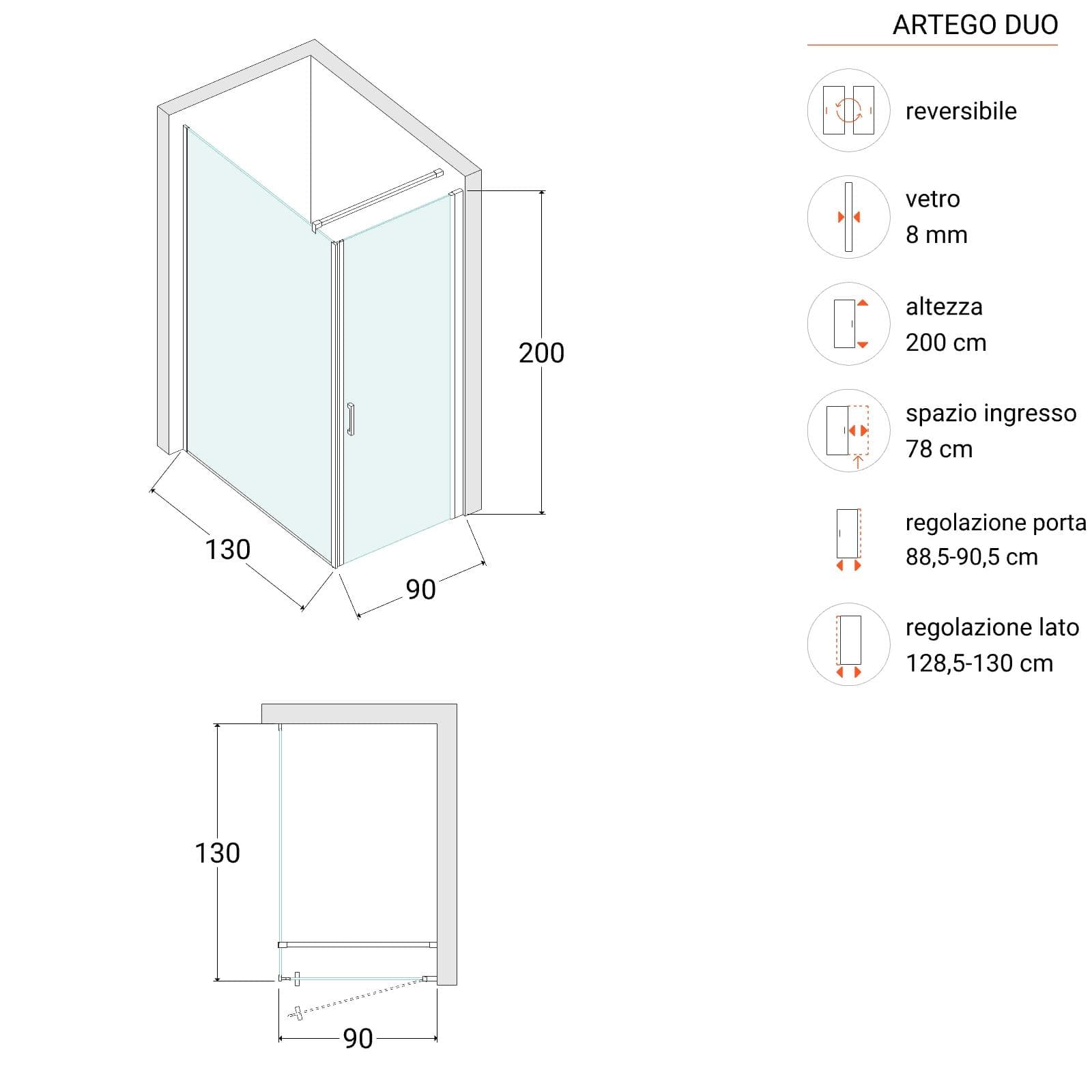 Box doccia 130X90 cm lato fisso specchiato con battente e profilo cromo 200h - Artego Duo