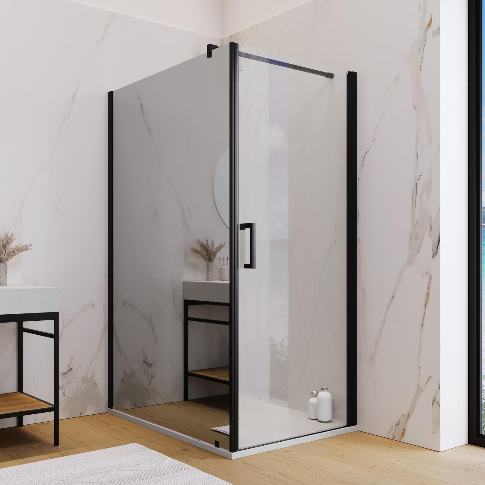 Box doccia 130X90 cm lato fisso specchiato con battente e profilo nero 200h - Artego Duo