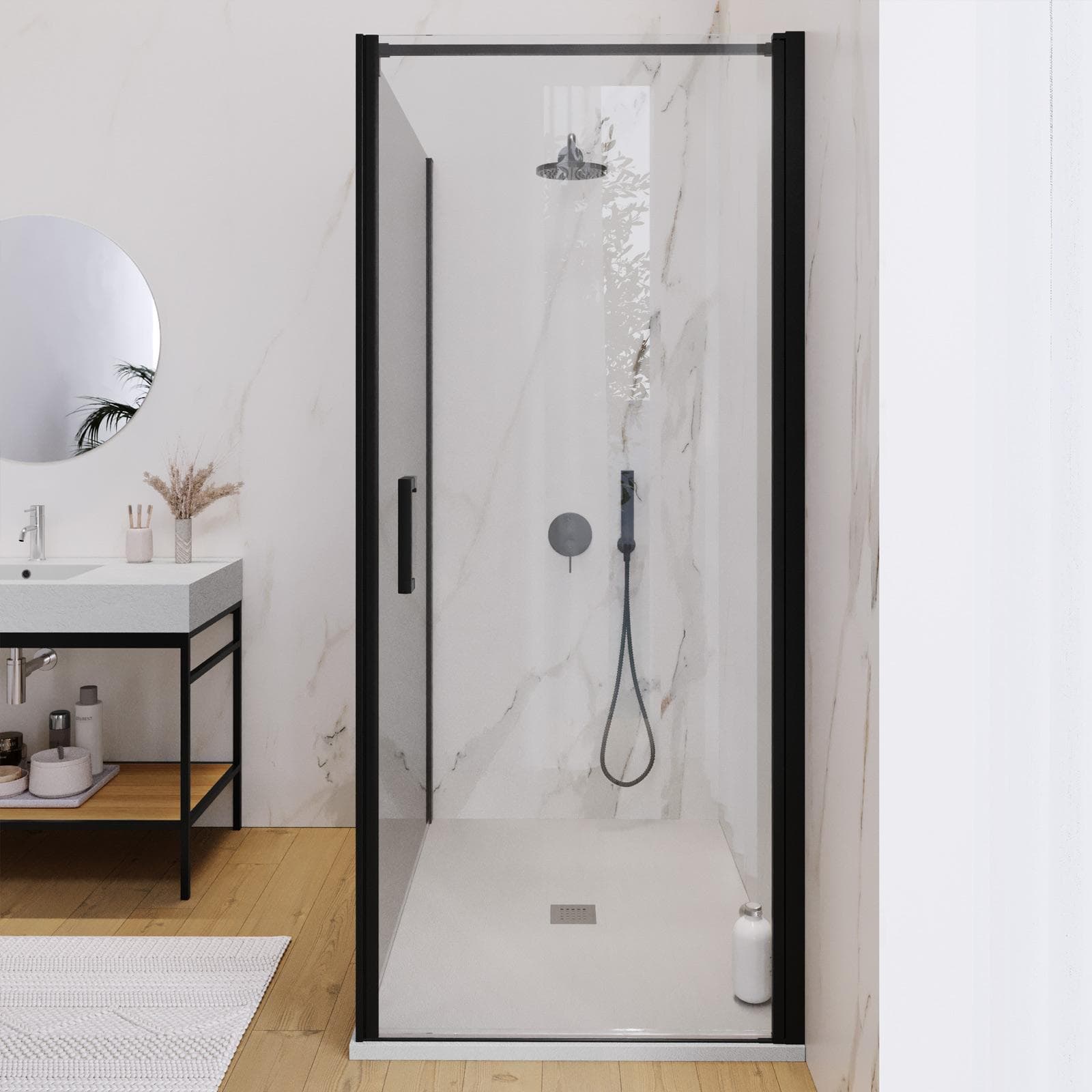 Box doccia 130X90 cm lato fisso specchiato con battente e profilo nero 200h - Artego Duo
