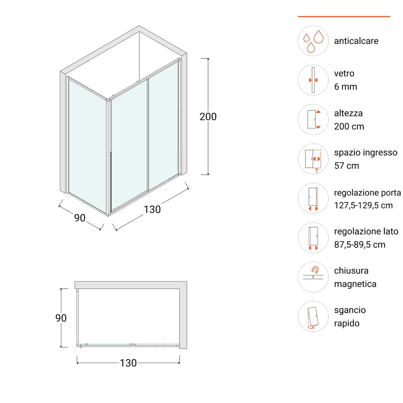 Box doccia 130x90 cm scorrevole dx vetro anticalcare trasparente profilo cromo 200h - Helena