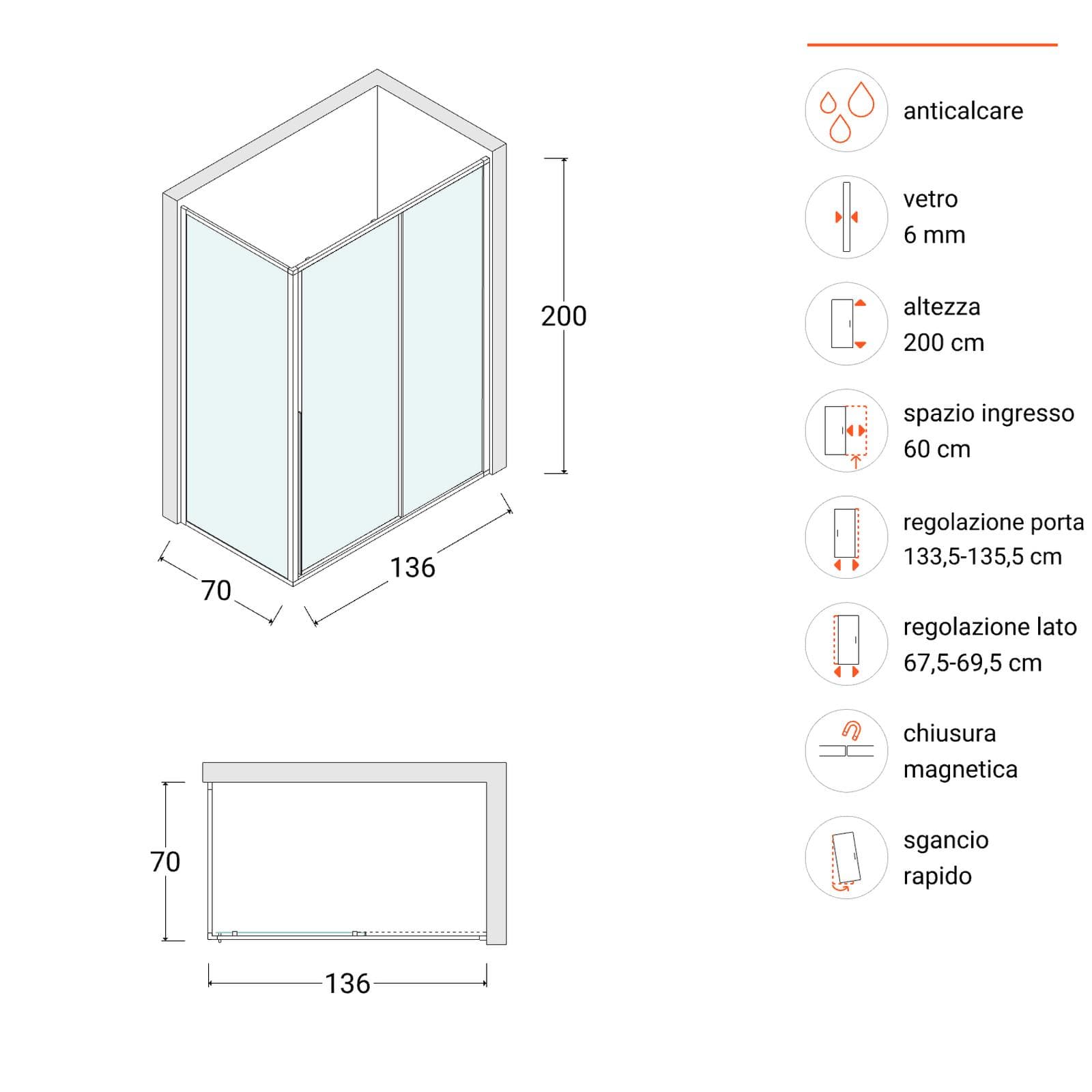 Box doccia 136x70 cm scorrevole dx vetro anticalcare trasparente profilo cromo 200h - Helena