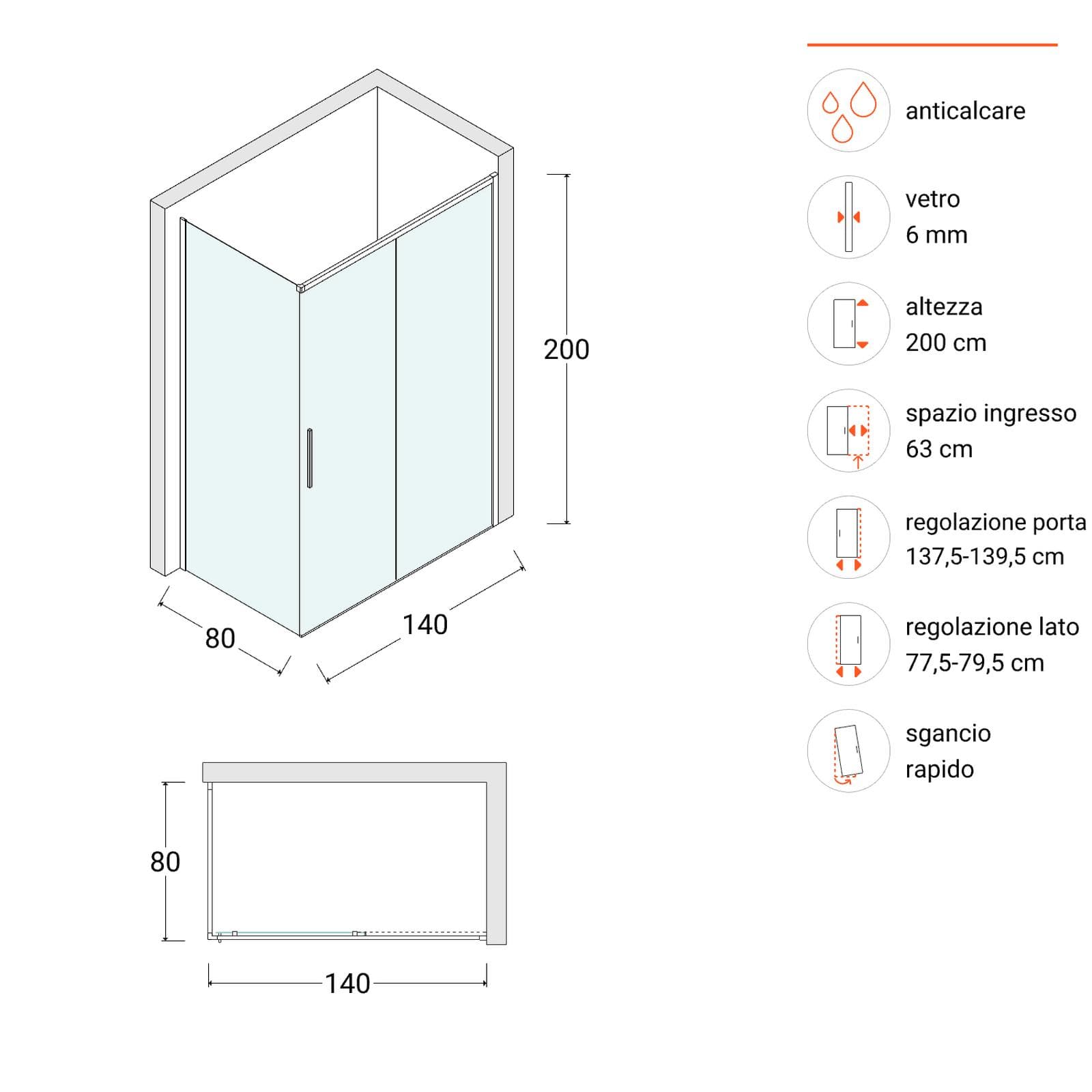 Box doccia 140X80 cm scorrevole dx con vetro anticalcare trasparente e profilo cromo 200h - Kiri