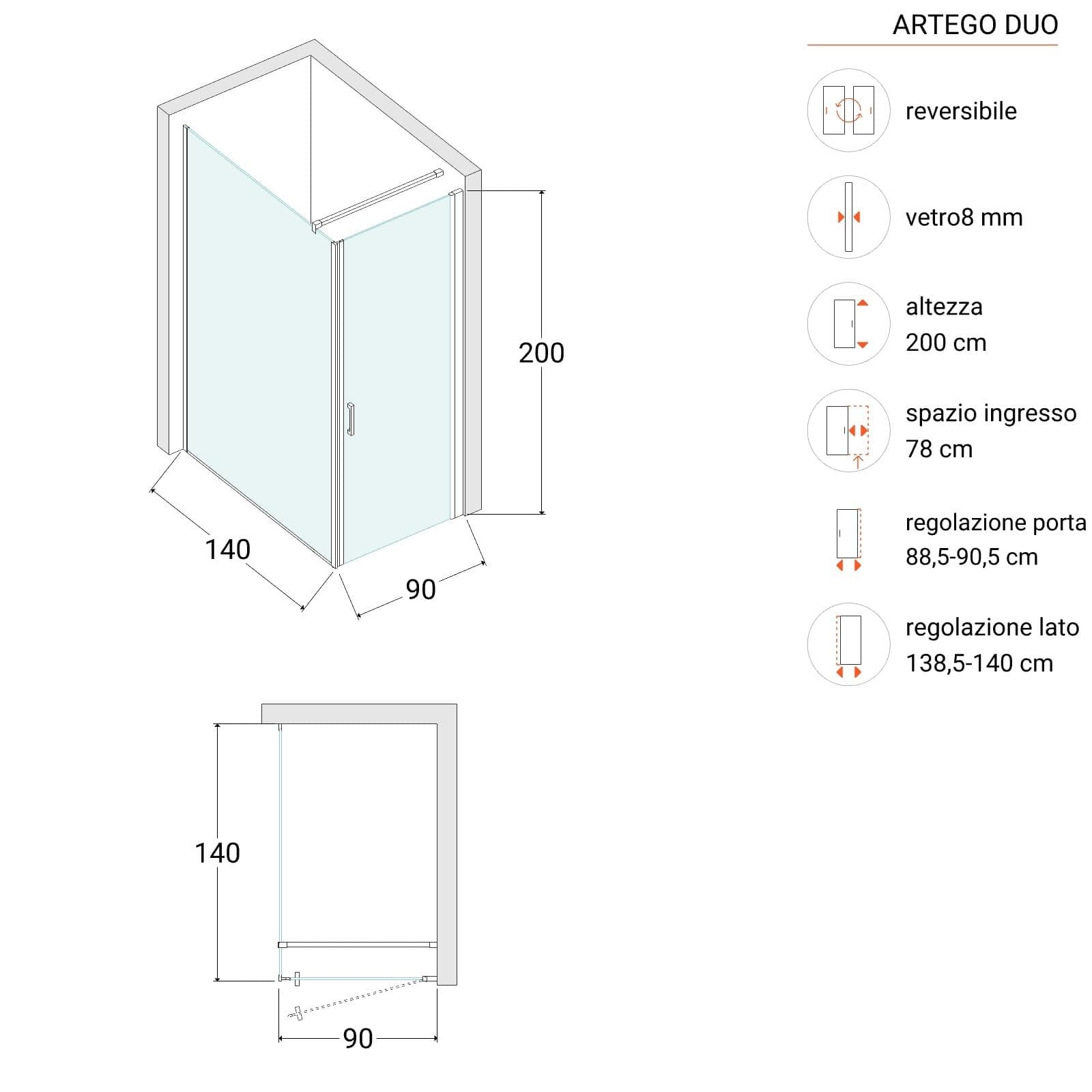 Box doccia 140X90 cm lato fisso specchiato con battente e profilo cromo 200h - Artego Duo