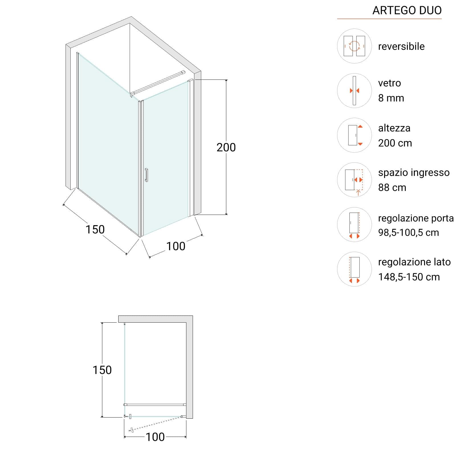 Box doccia 150X100 cm lato fisso specchiato con battente e profilo cromo 200h - Artego Duo