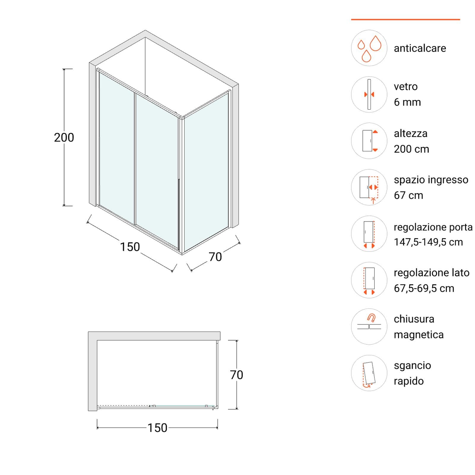 Box doccia 150x70 cm scorrevole sx vetro anticalcare trasparente profilo cromo 200h - Helena
