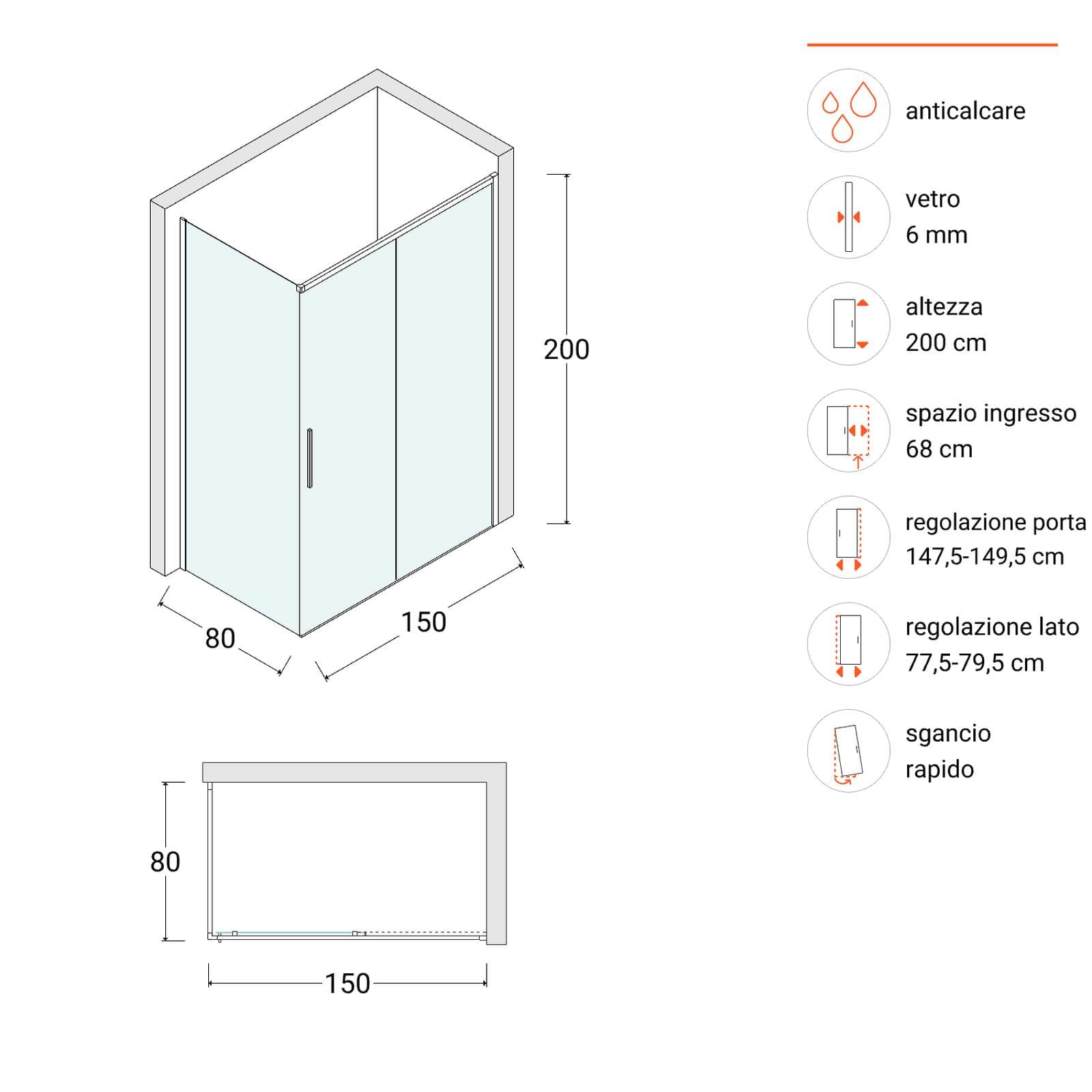 Box doccia 150X80 cm scorrevole dx con vetro anticalcare trasparente e profilo nero 200h - Kiri