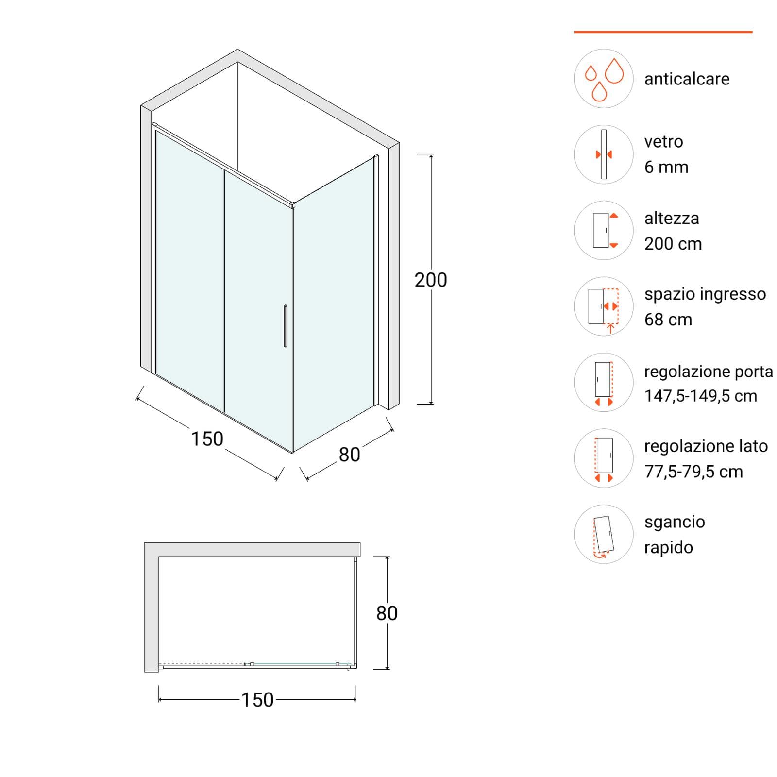 Box doccia 150X80 cm scorrevole sx con vetro anticalcare trasparente e profilo nero 200h - Kiri