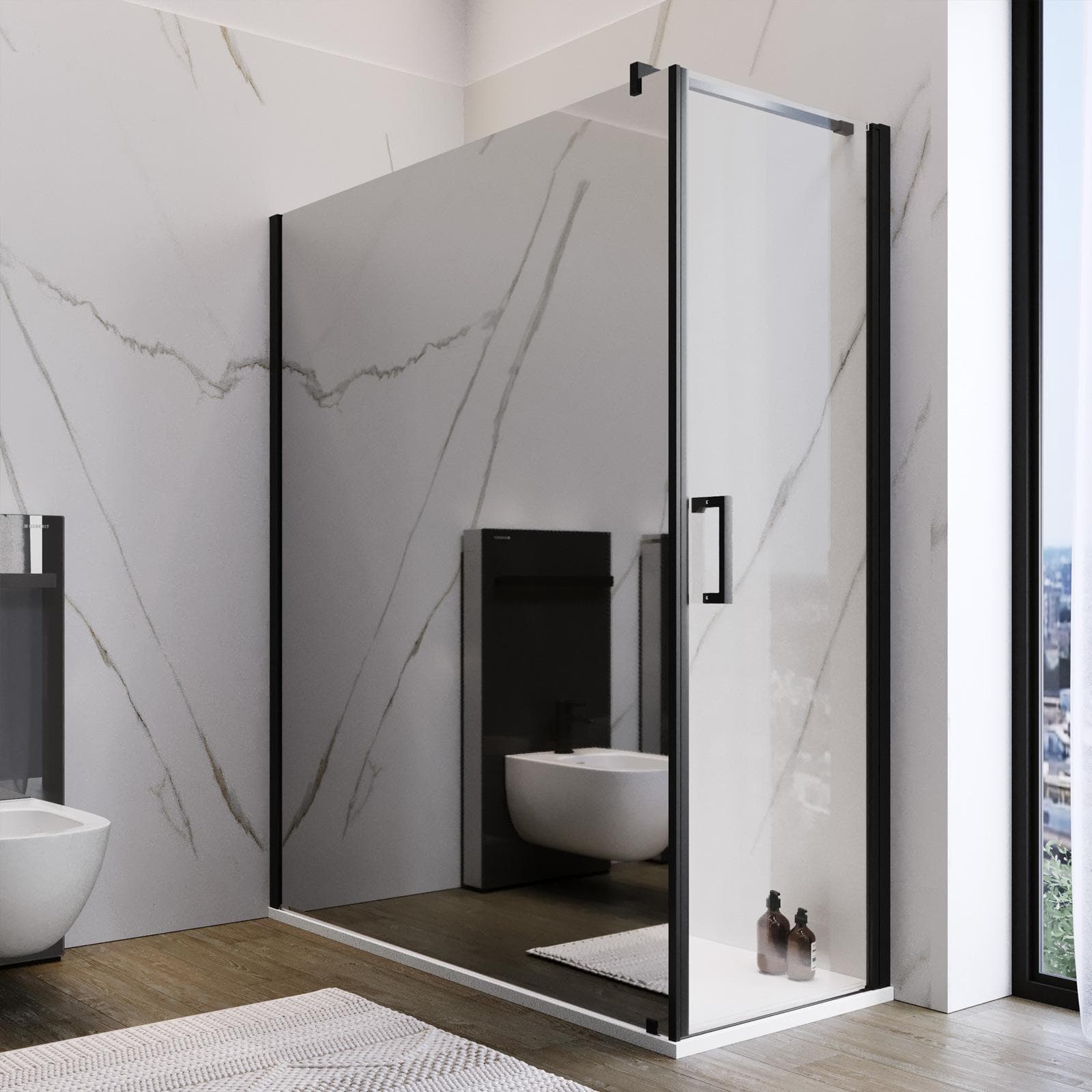Box doccia 160X70 cm lato fisso specchiato con battente e profilo nero 200h - Artego Duo