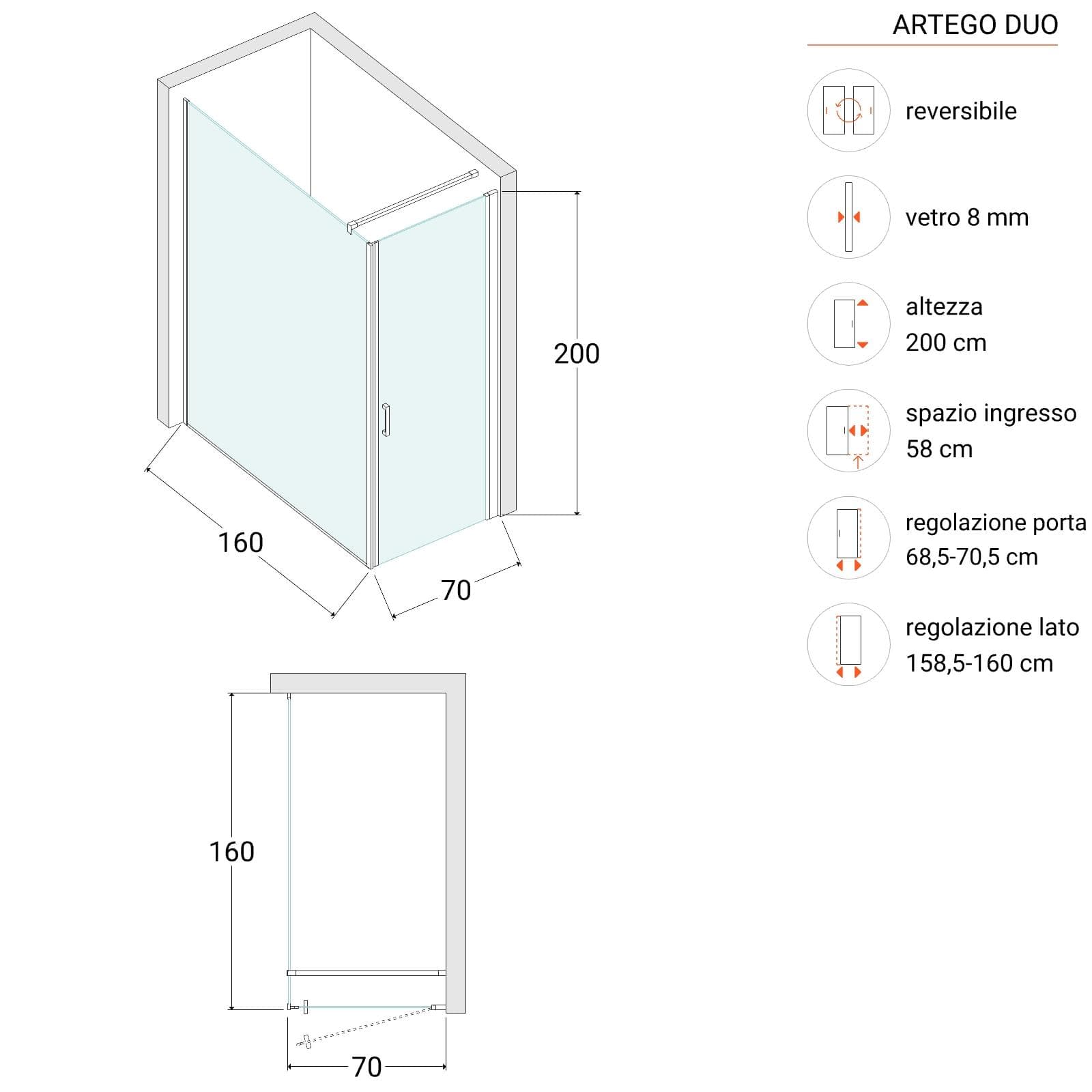 Box doccia 160X70 cm lato fisso specchiato con battente e profilo nero 200h - Artego Duo
