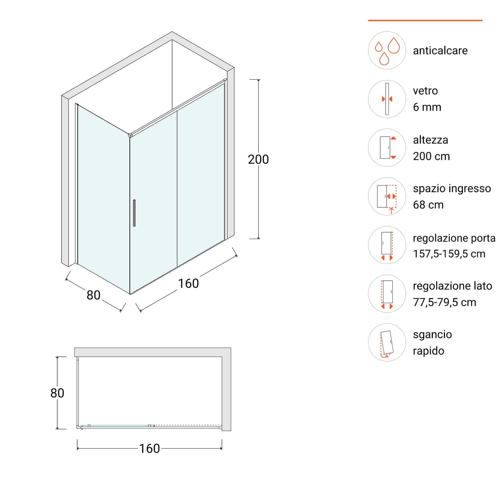 Box doccia 160X80 cm scorrevole dx con vetro anticalcare trasparente e profilo nero 200h - Kiri