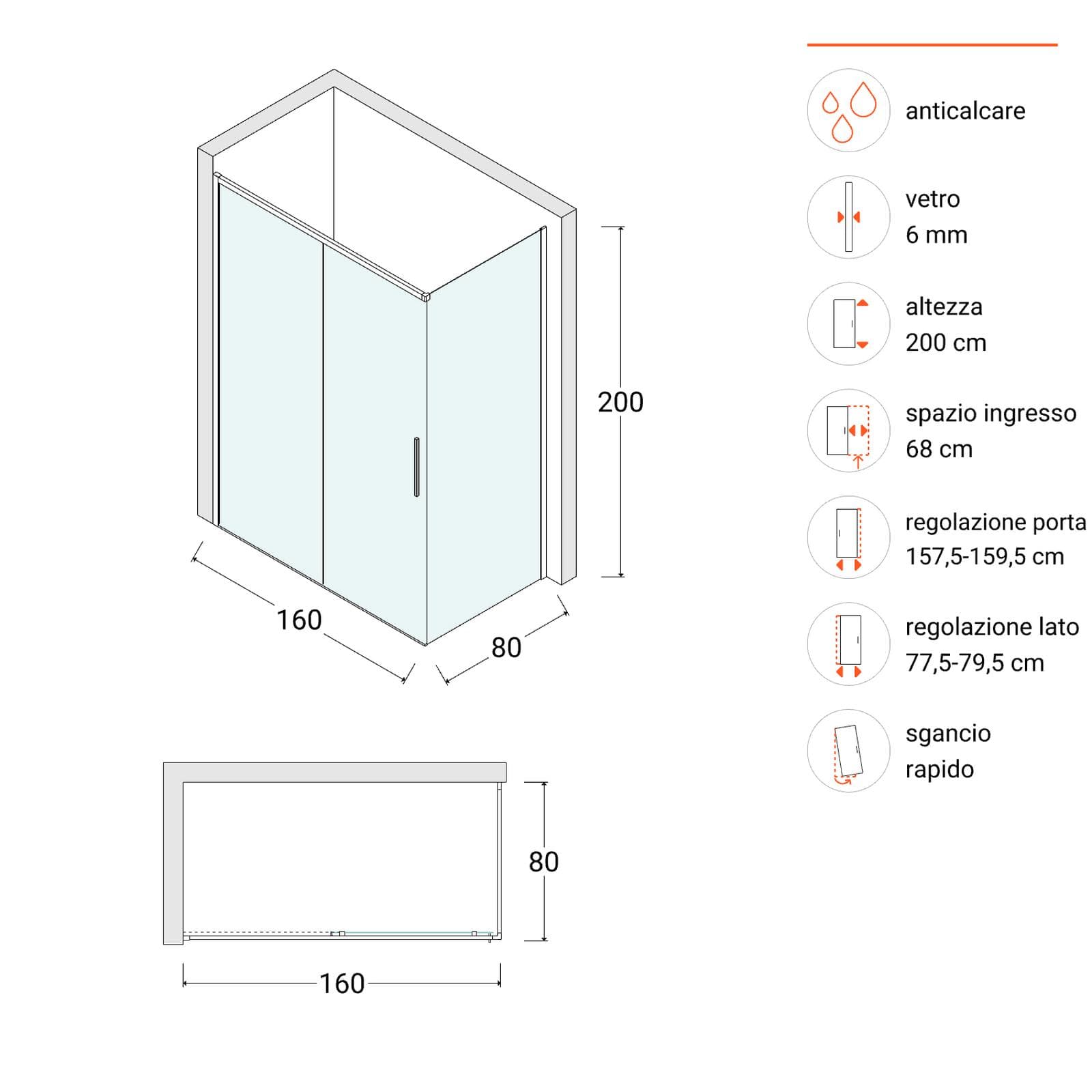 Box doccia 160X80 cm scorrevole sx con vetro anticalcare trasparente e profilo nero 200h - Kiri