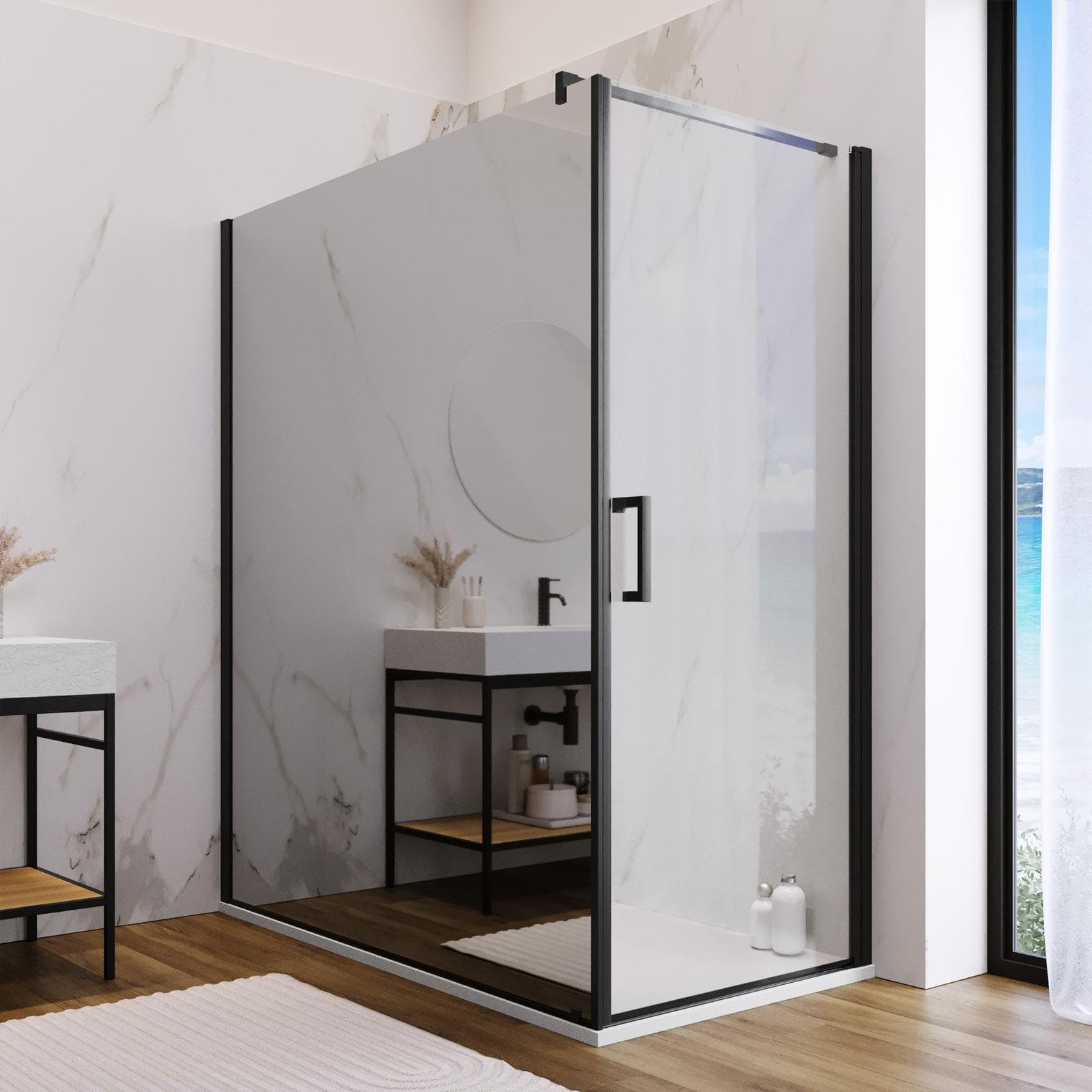 Box doccia 170X100 cm lato fisso specchiato con battente e profilo nero 200h - Artego Duo