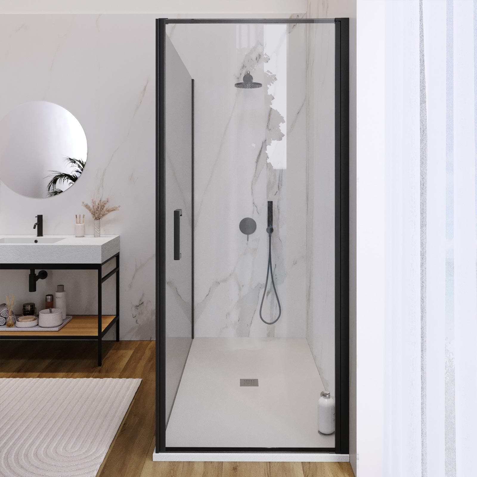 Box doccia 170X100 cm lato fisso specchiato con battente e profilo nero 200h - Artego Duo