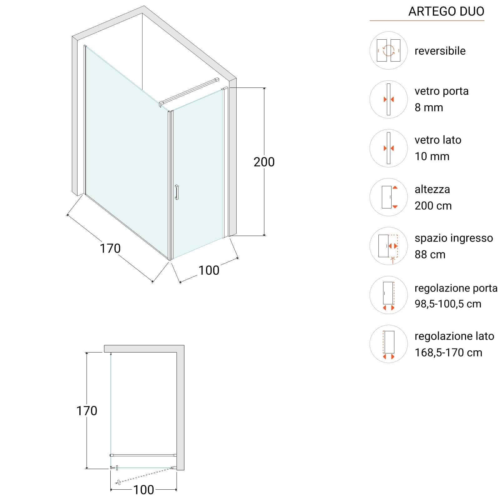 Box doccia 170X100 cm lato fisso specchiato con battente e profilo nero 200h - Artego Duo